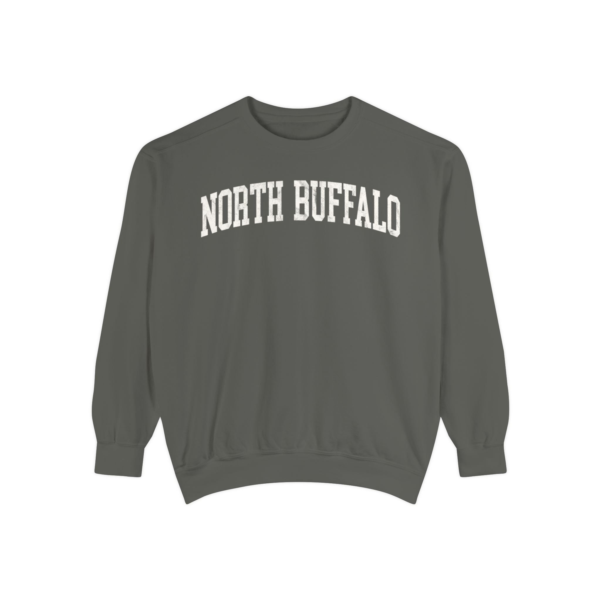 North Buffalo Garment-Dyed Crewneck in Concrete, front — NORTH BUFFALO lettering