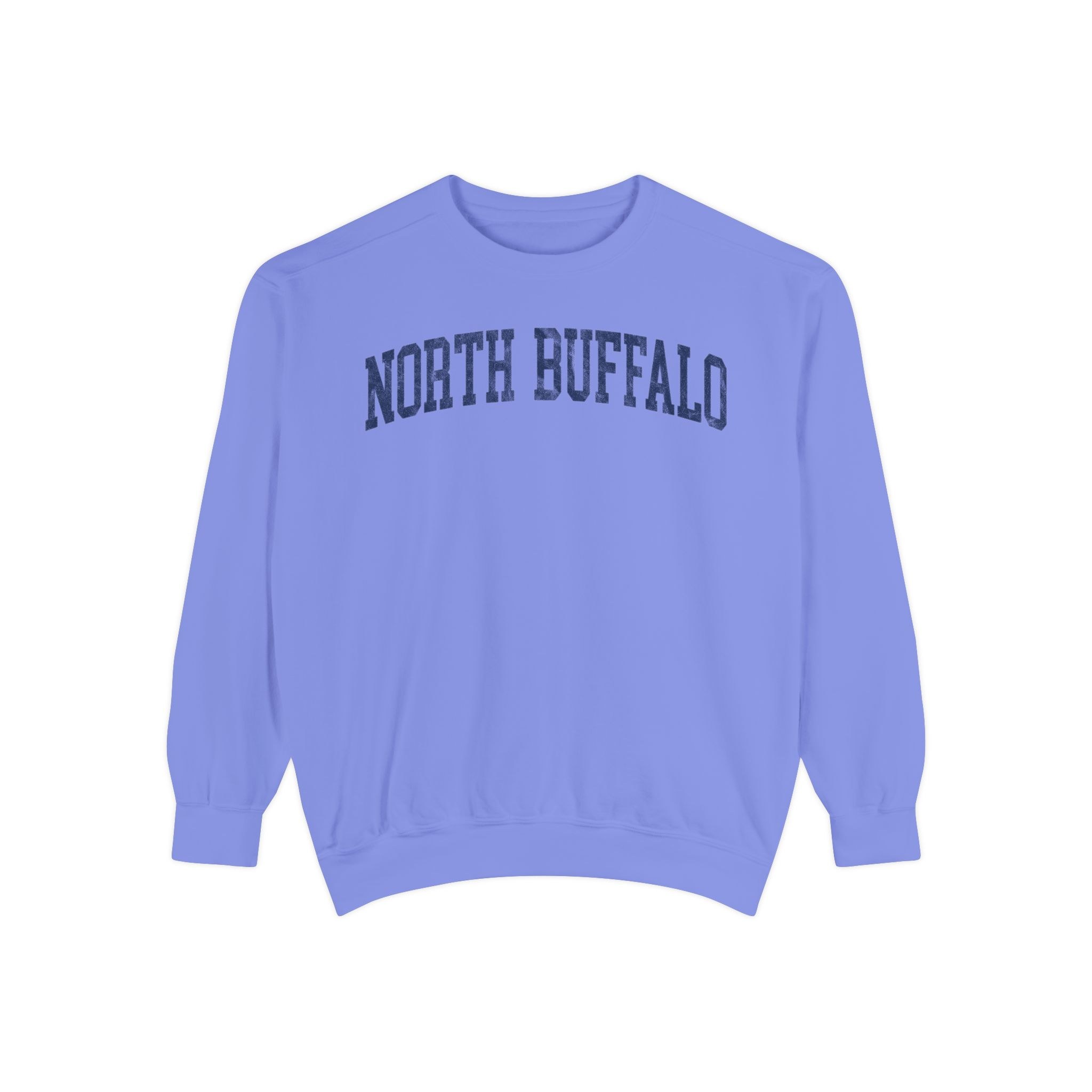 North Buffalo Garment-Dyed Crewneck in Conesus Blue, front — NORTH BUFFALO lettering