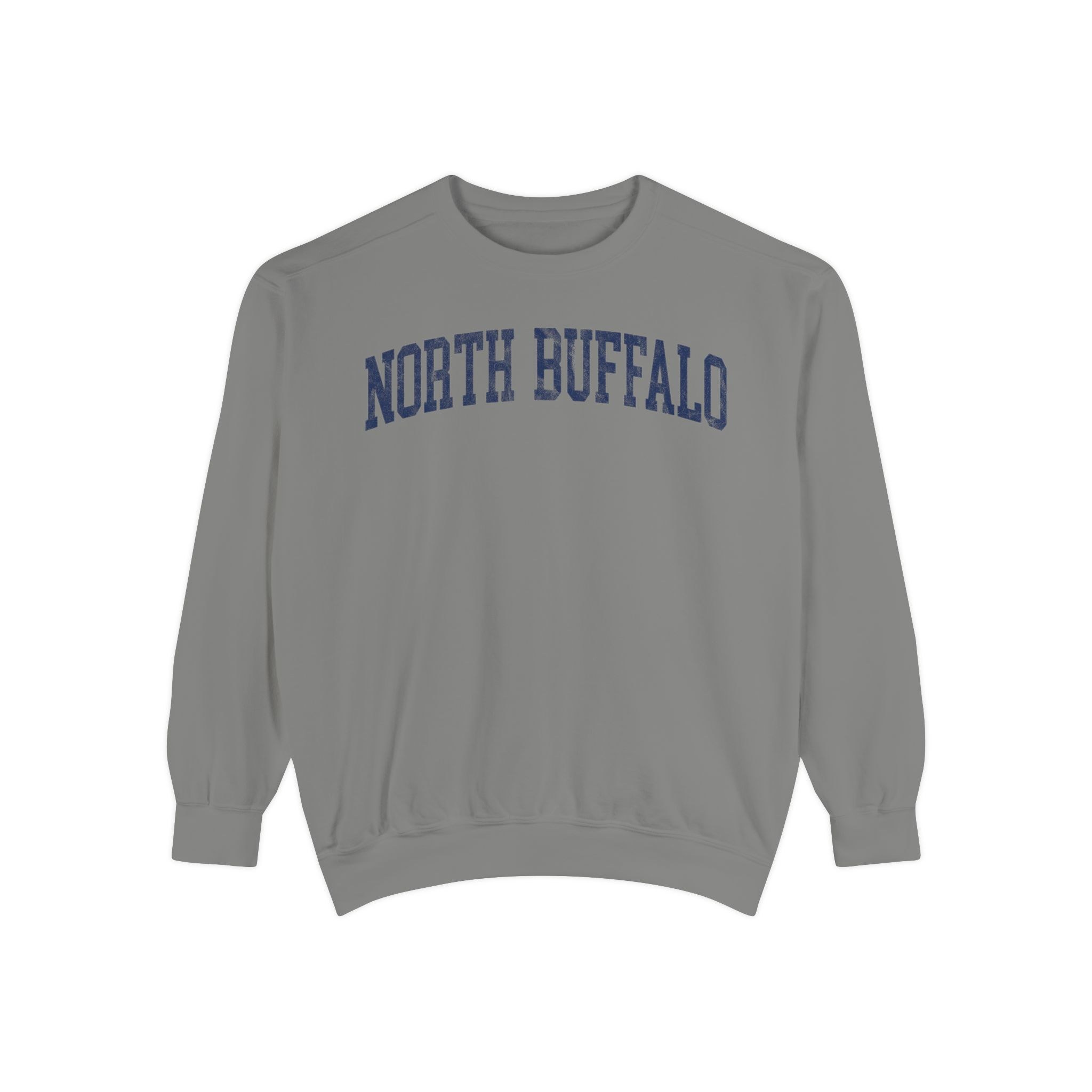 North Buffalo Garment-Dyed Crewneck in Dusting, front — NORTH BUFFALO lettering