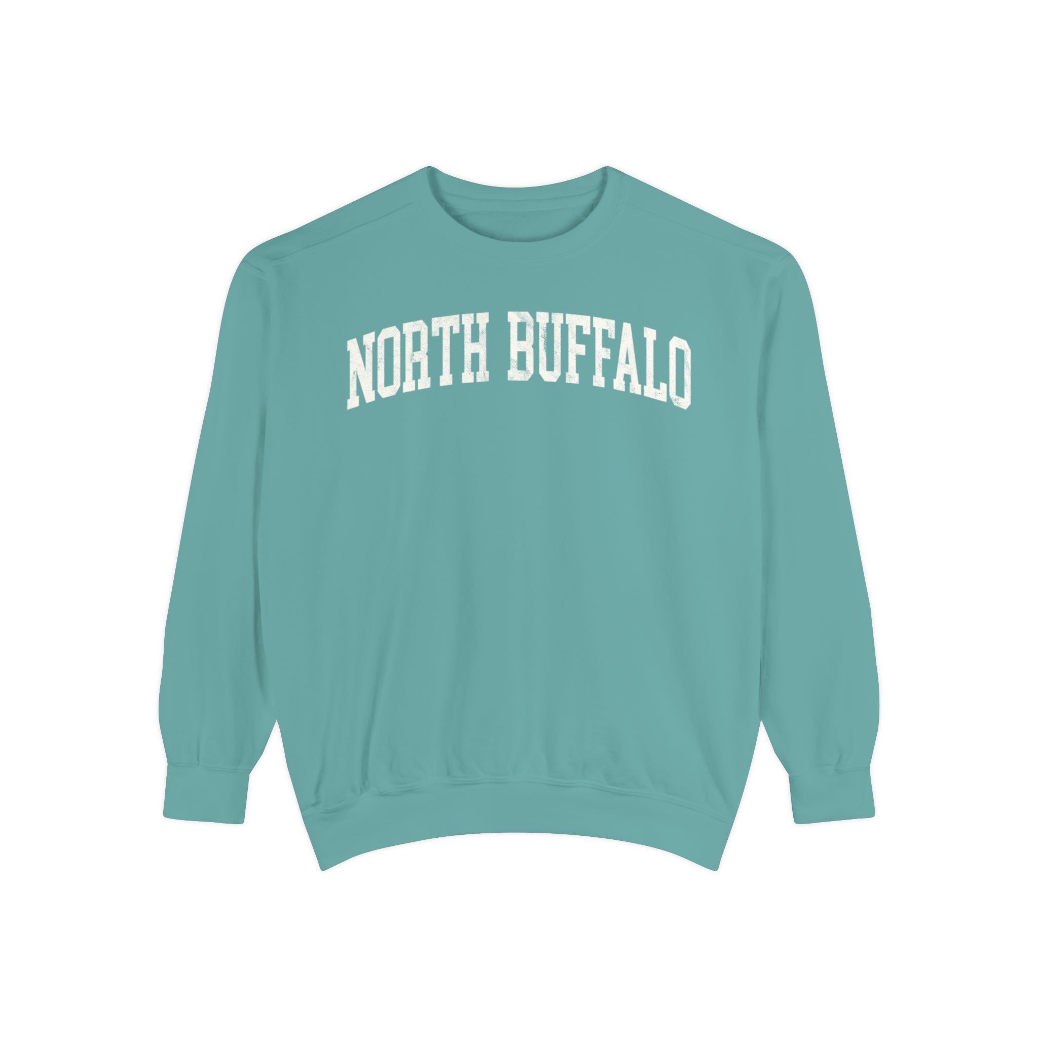 North Buffalo Garment-Dyed Crewneck in Erie Blue, front — NORTH BUFFALO lettering