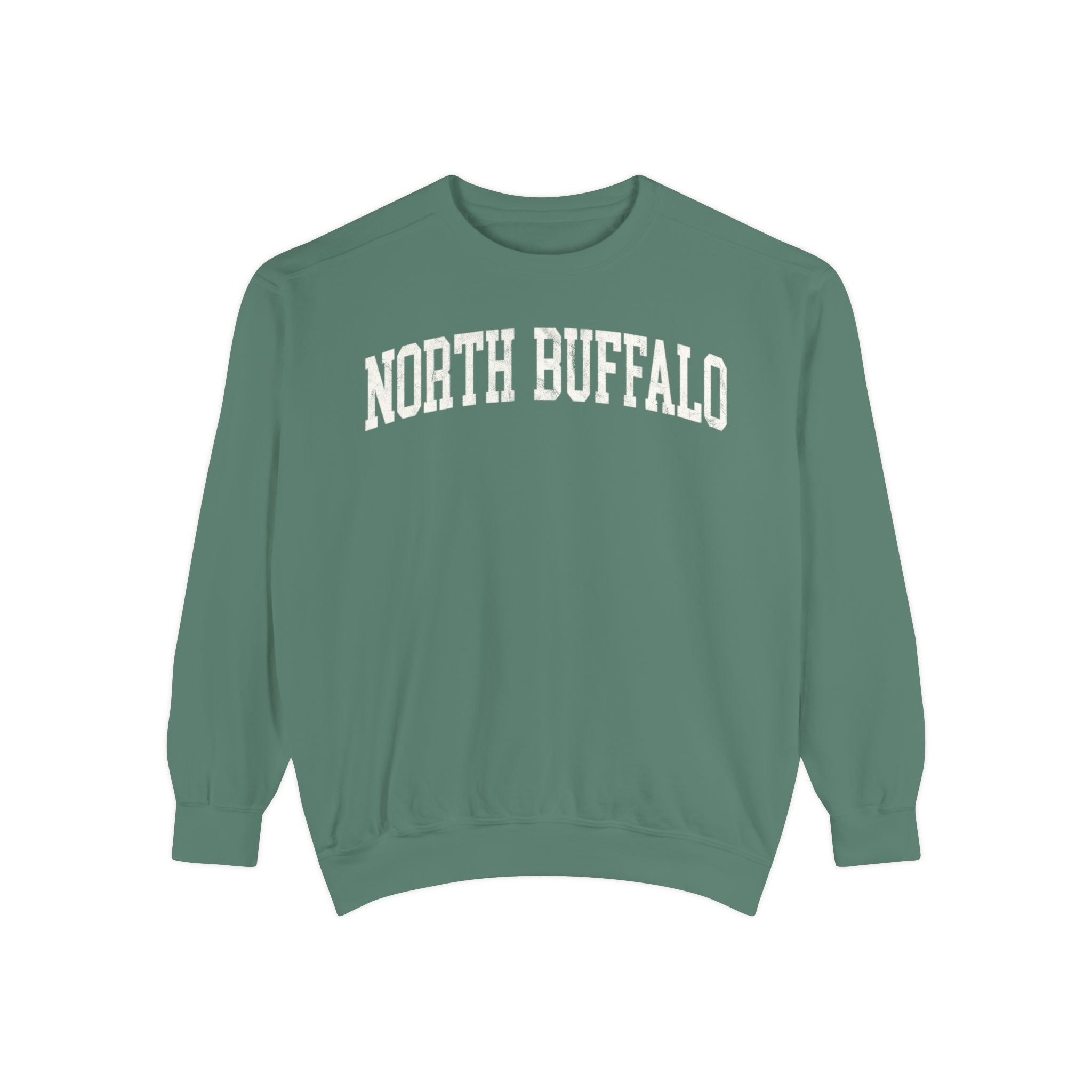 North Buffalo Garment-Dyed Crewneck in Light Green, front — NORTH BUFFALO lettering