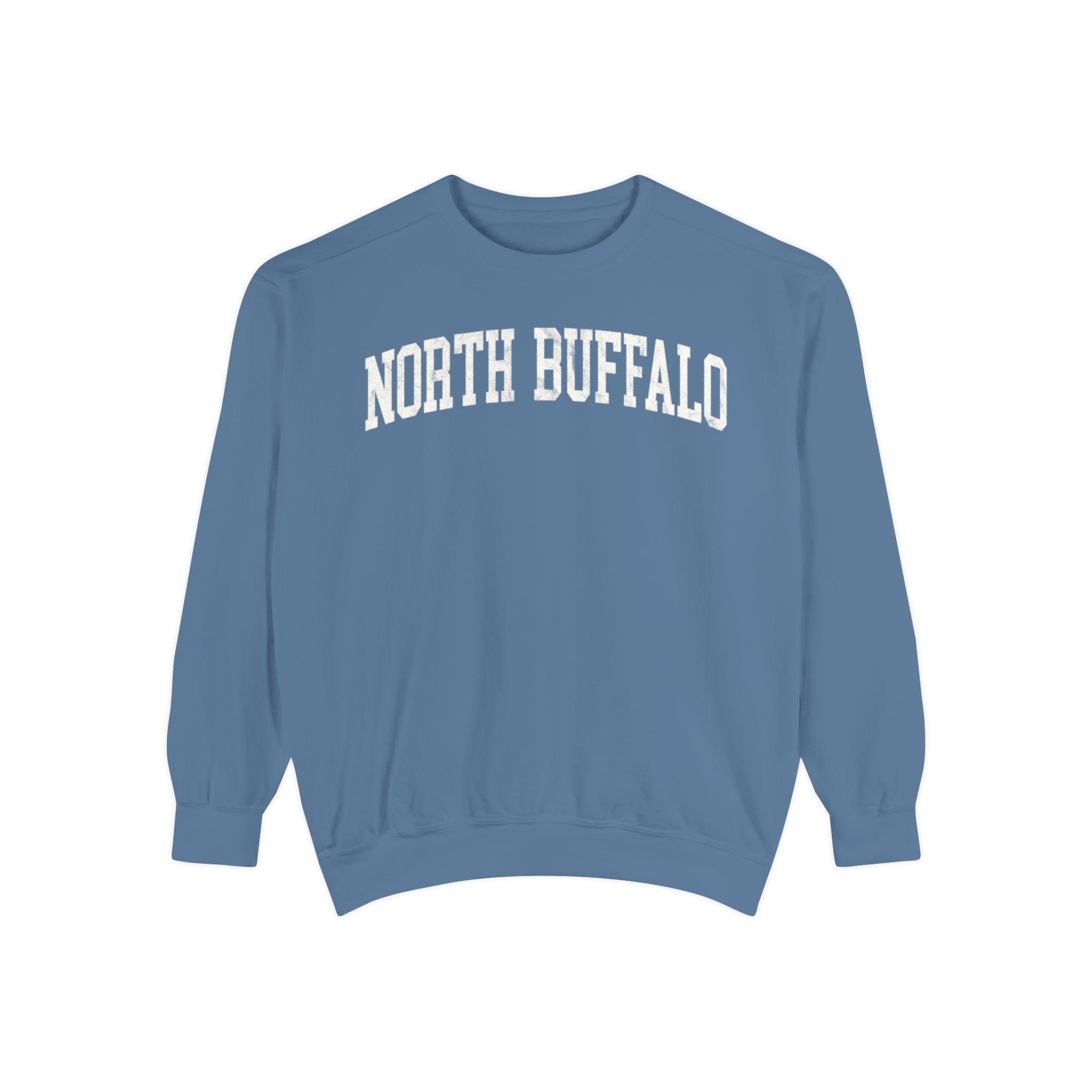 North Buffalo Garment-Dyed Crewneck in Samantha Blue, front — NORTH BUFFALO lettering