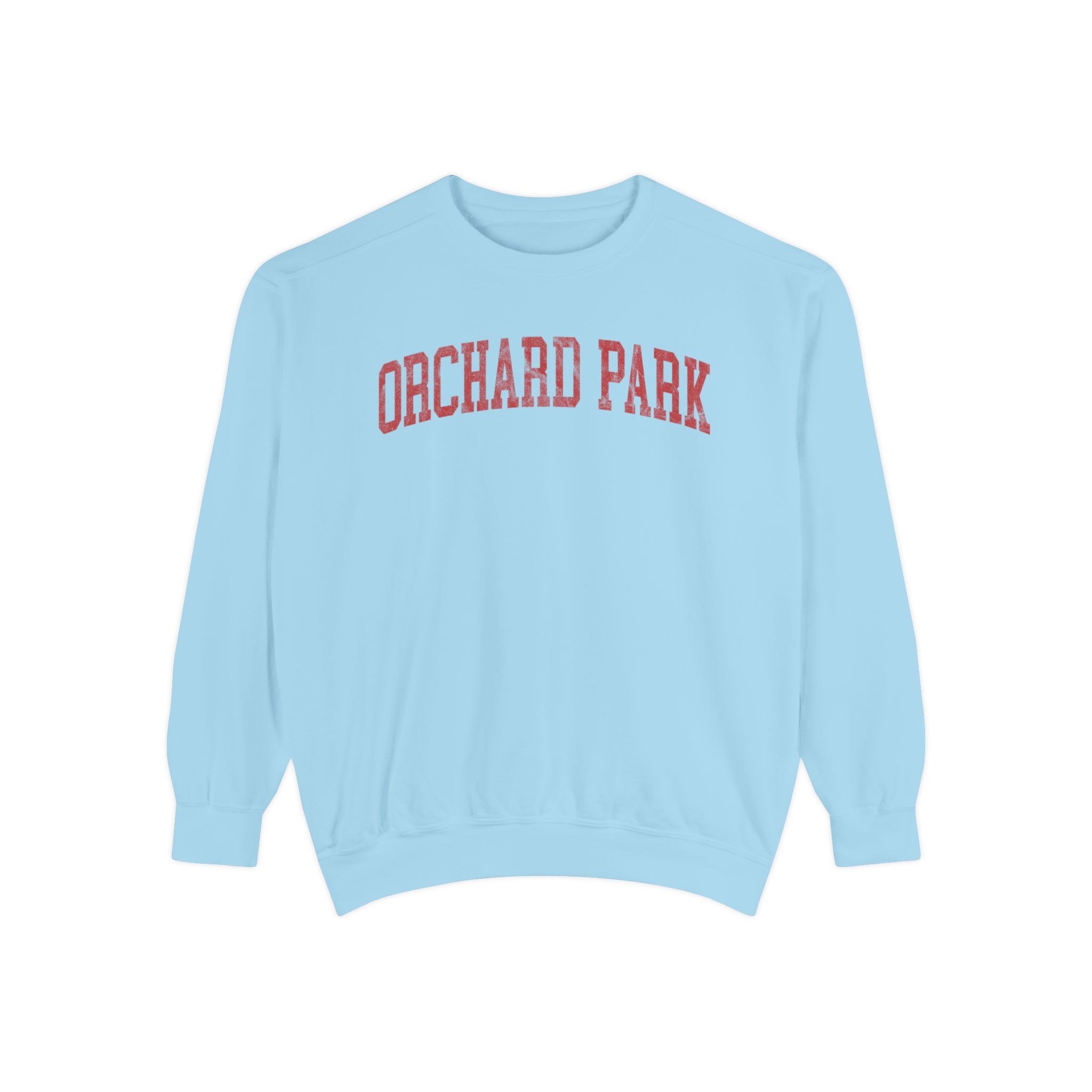 Orchard Park Garment-Dyed Crewneck in Blueberry Milk, front — ORCHARD PARK lettering