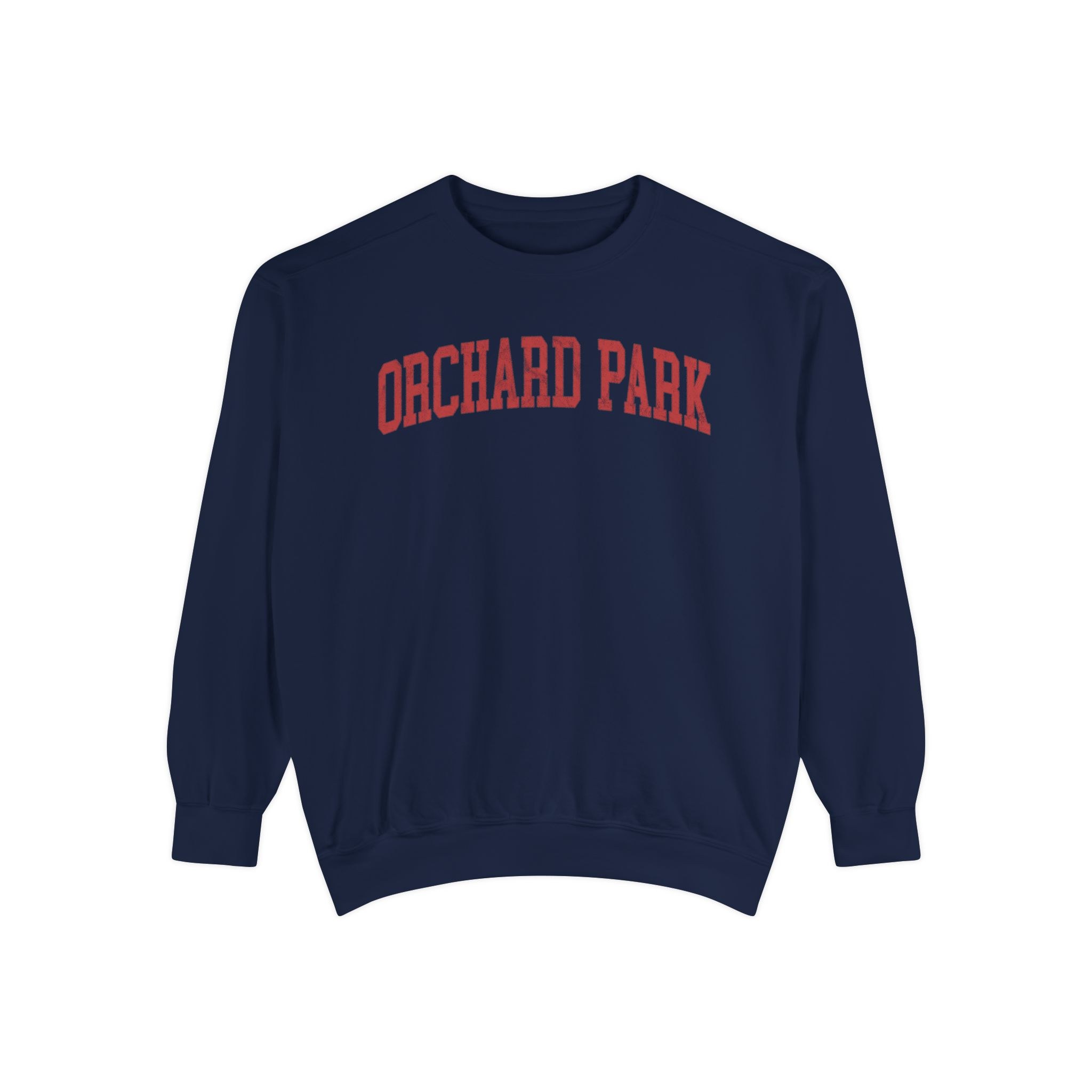 Orchard Park Garment-Dyed Crewneck in Boathouse Blue, front — ORCHARD PARK lettering