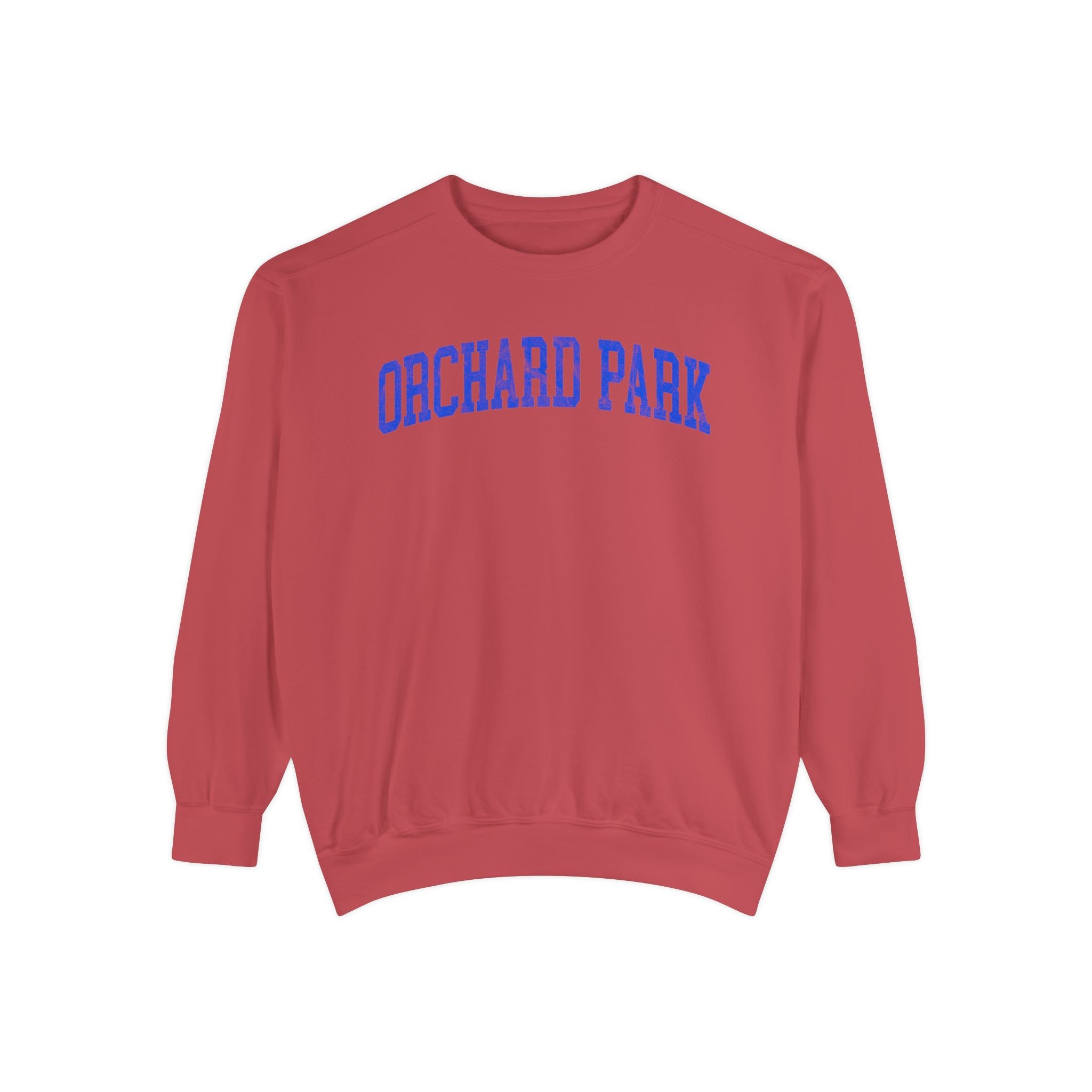 Orchard Park Garment-Dyed Crewneck in Collegiate Crimson, front — ORCHARD PARK lettering