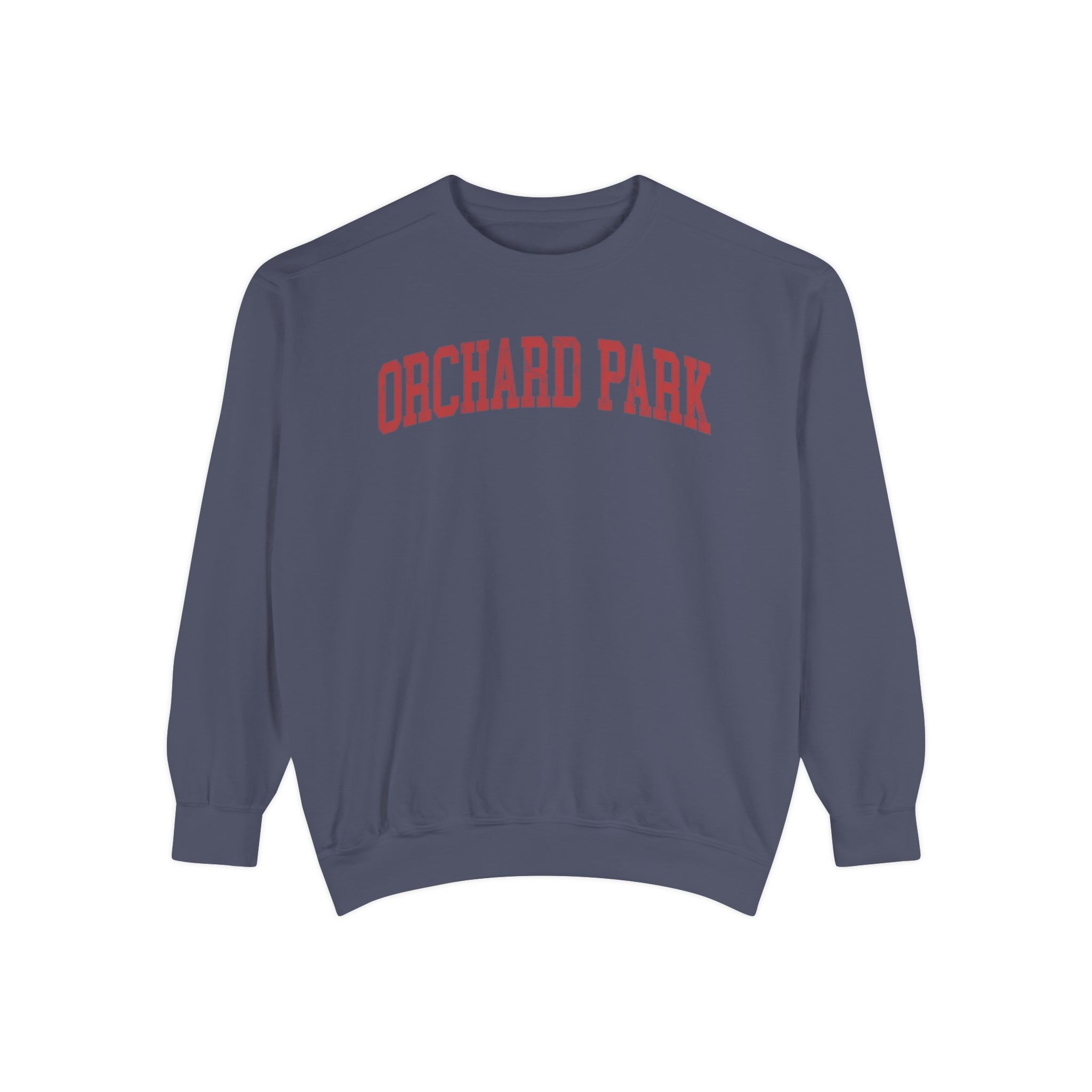 Orchard Park Garment-Dyed Crewneck in Predawn, front — ORCHARD PARK lettering