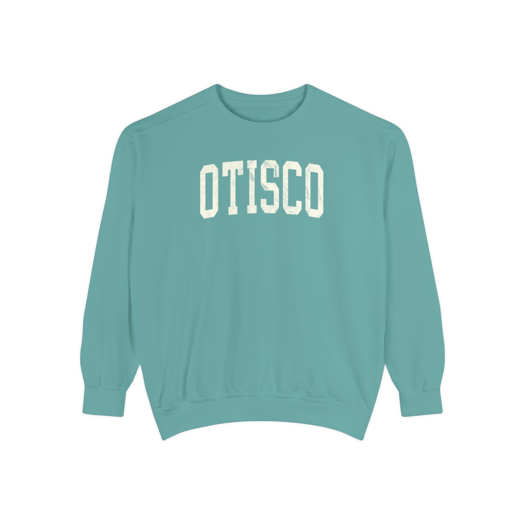 Otisco Garment-Dyed Crewneck in Erie Blue, front — OTISCO lettering