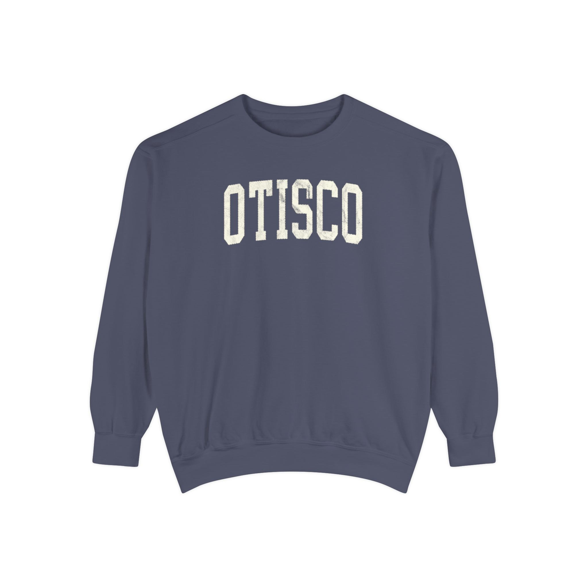 Otisco Garment-Dyed Crewneck in Predawn, front — OTISCO lettering