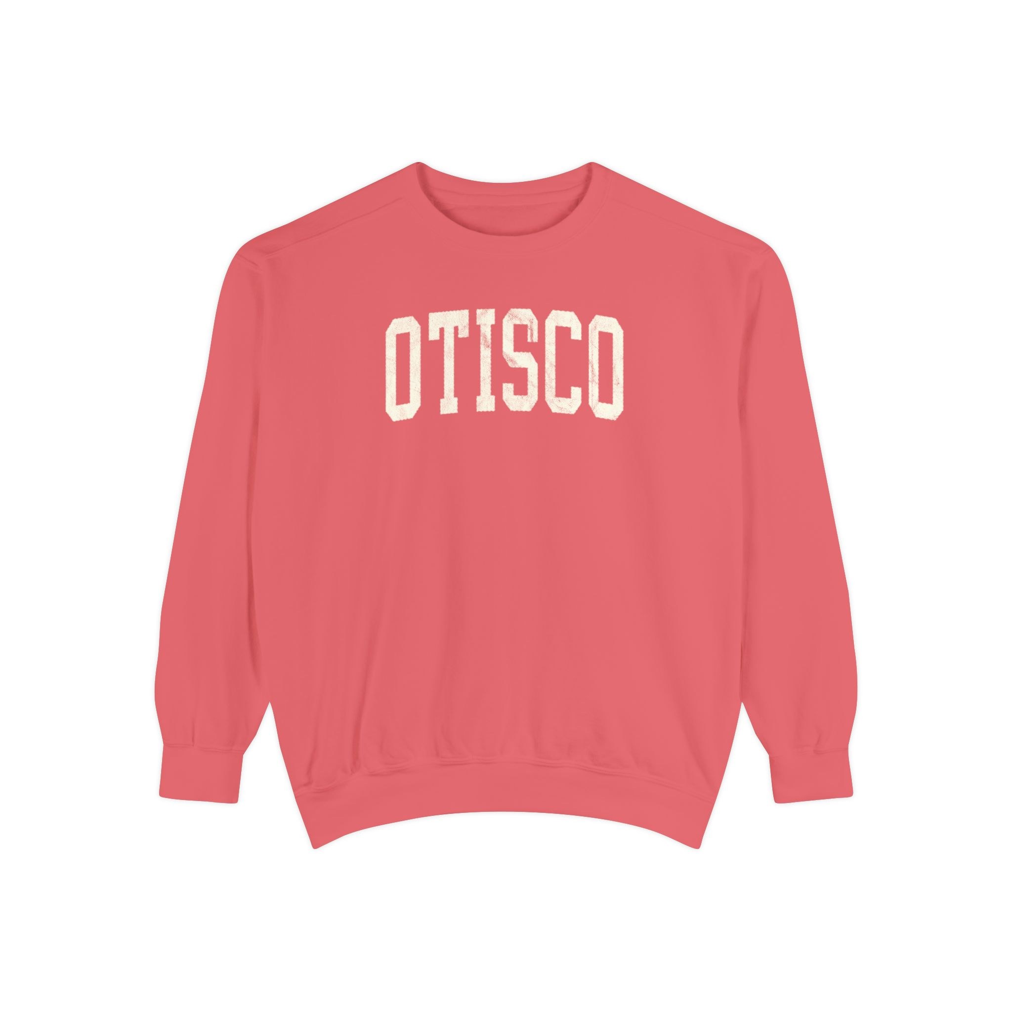 Otisco Garment-Dyed Crewneck in Strawberry Cloud, front — OTISCO lettering