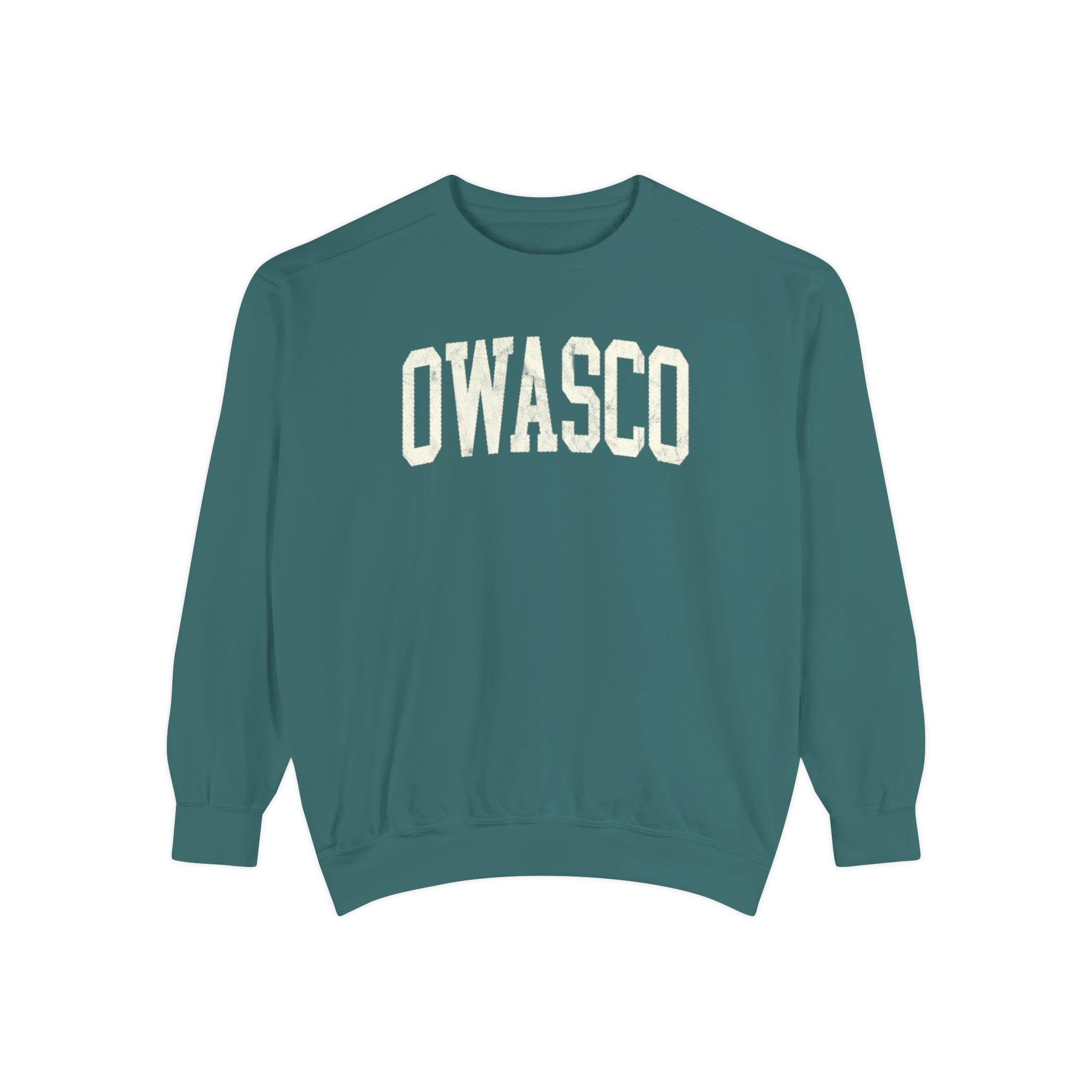 Owasco Garment-Dyed Crewneck in Blue Spruce, front — OWASCO lettering