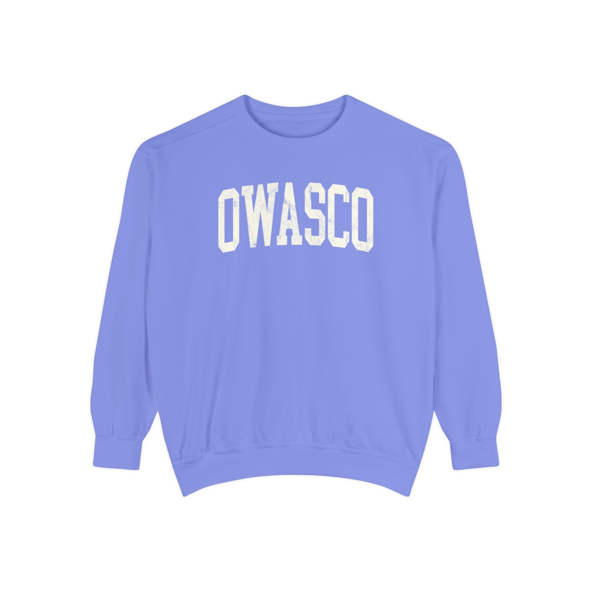 Owasco Garment-Dyed Crewneck in Conesus Blue, front — OWASCO lettering