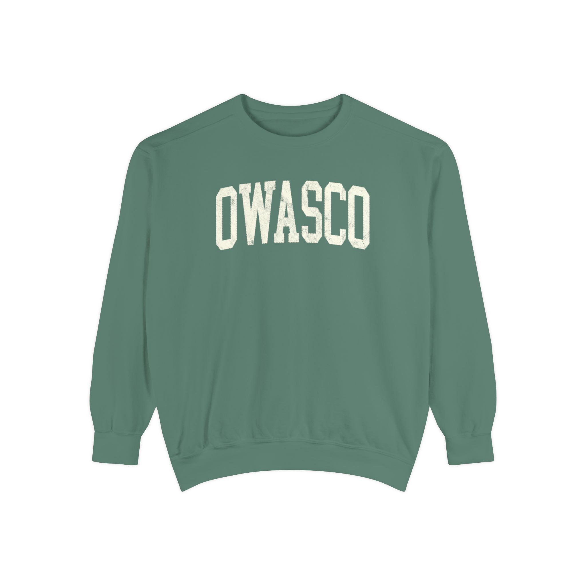 Owasco Garment-Dyed Crewneck in Light Green, front — OWASCO lettering