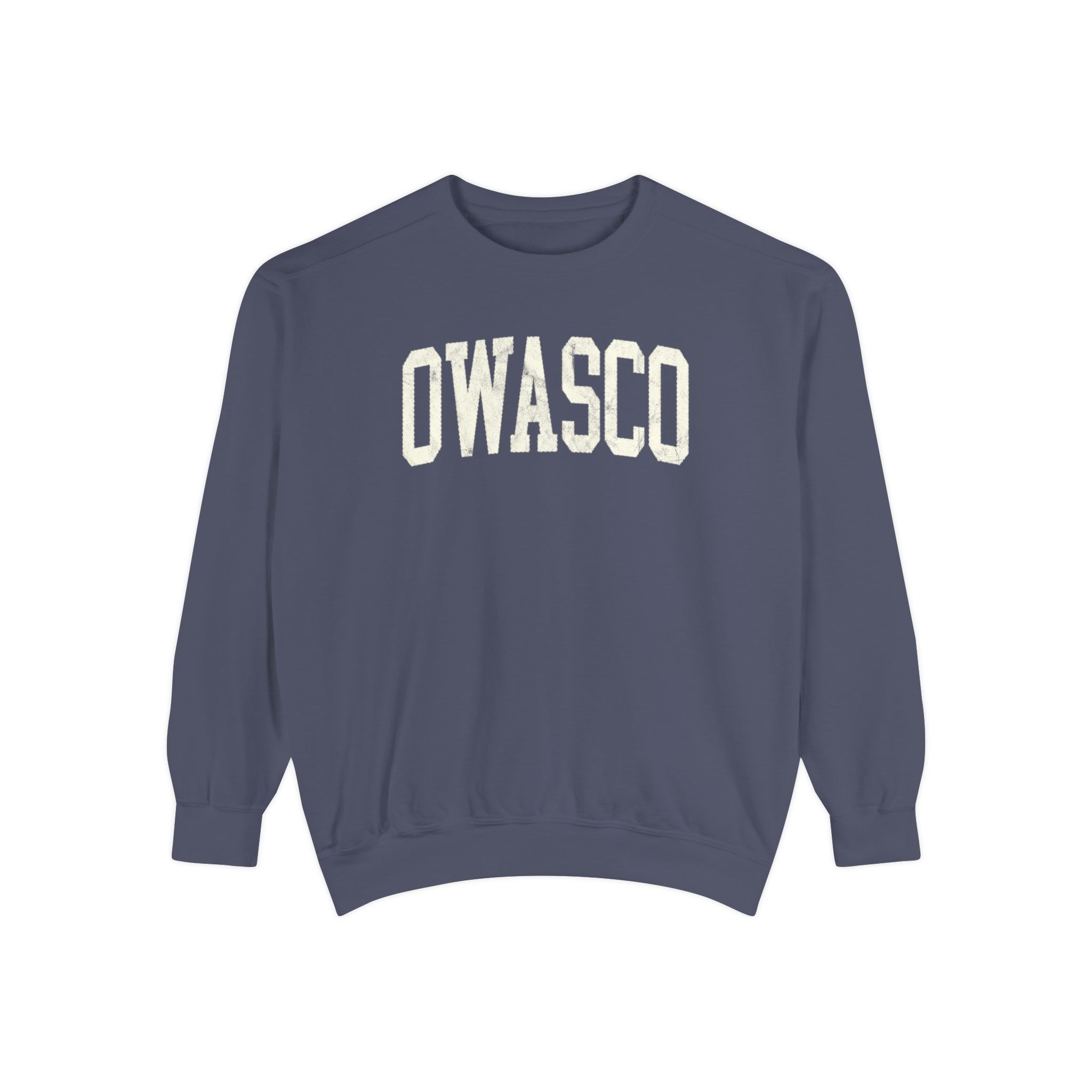 Owasco Garment-Dyed Crewneck in Predawn, front — OWASCO lettering