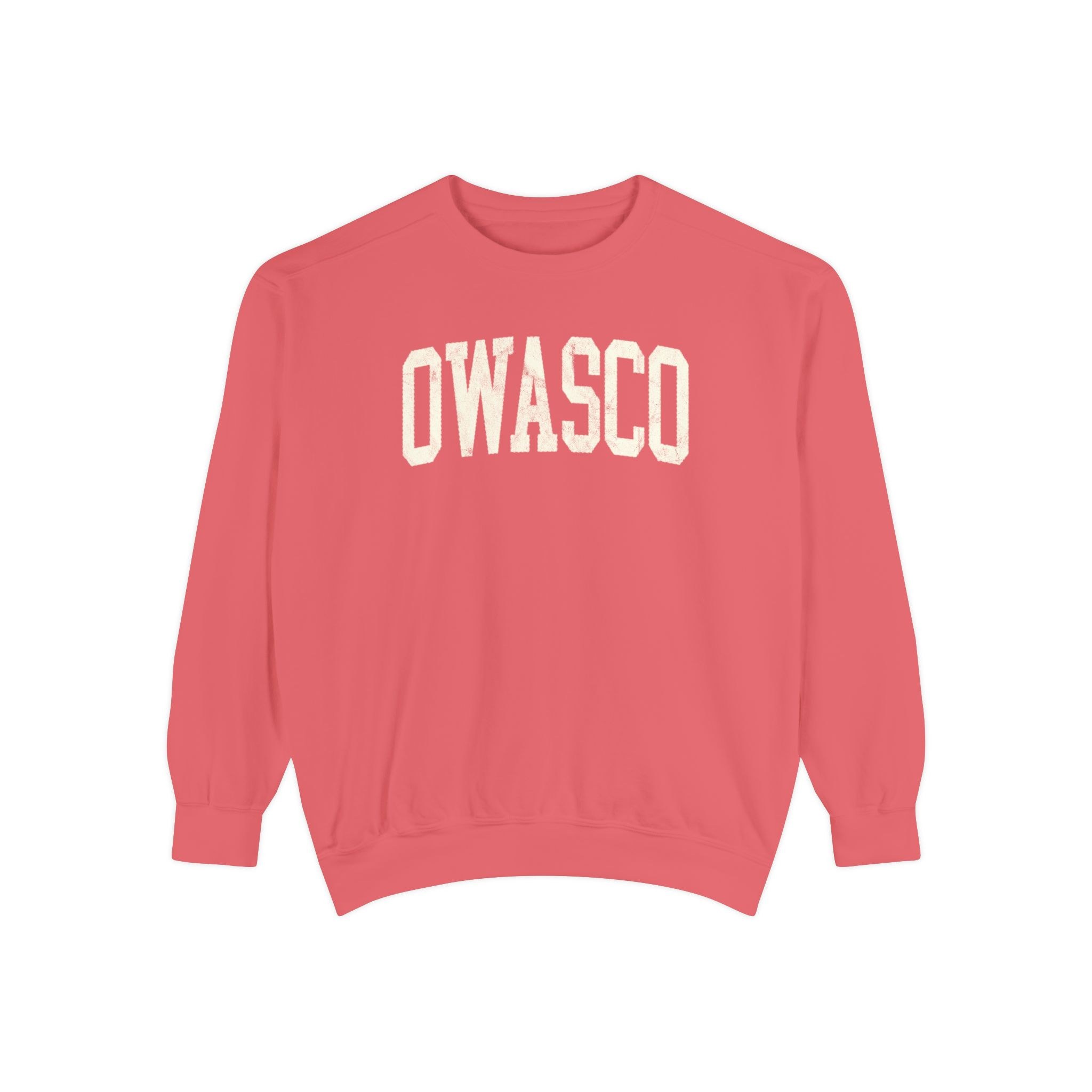 Owasco Garment-Dyed Crewneck in Strawberry Cloud, front — OWASCO lettering