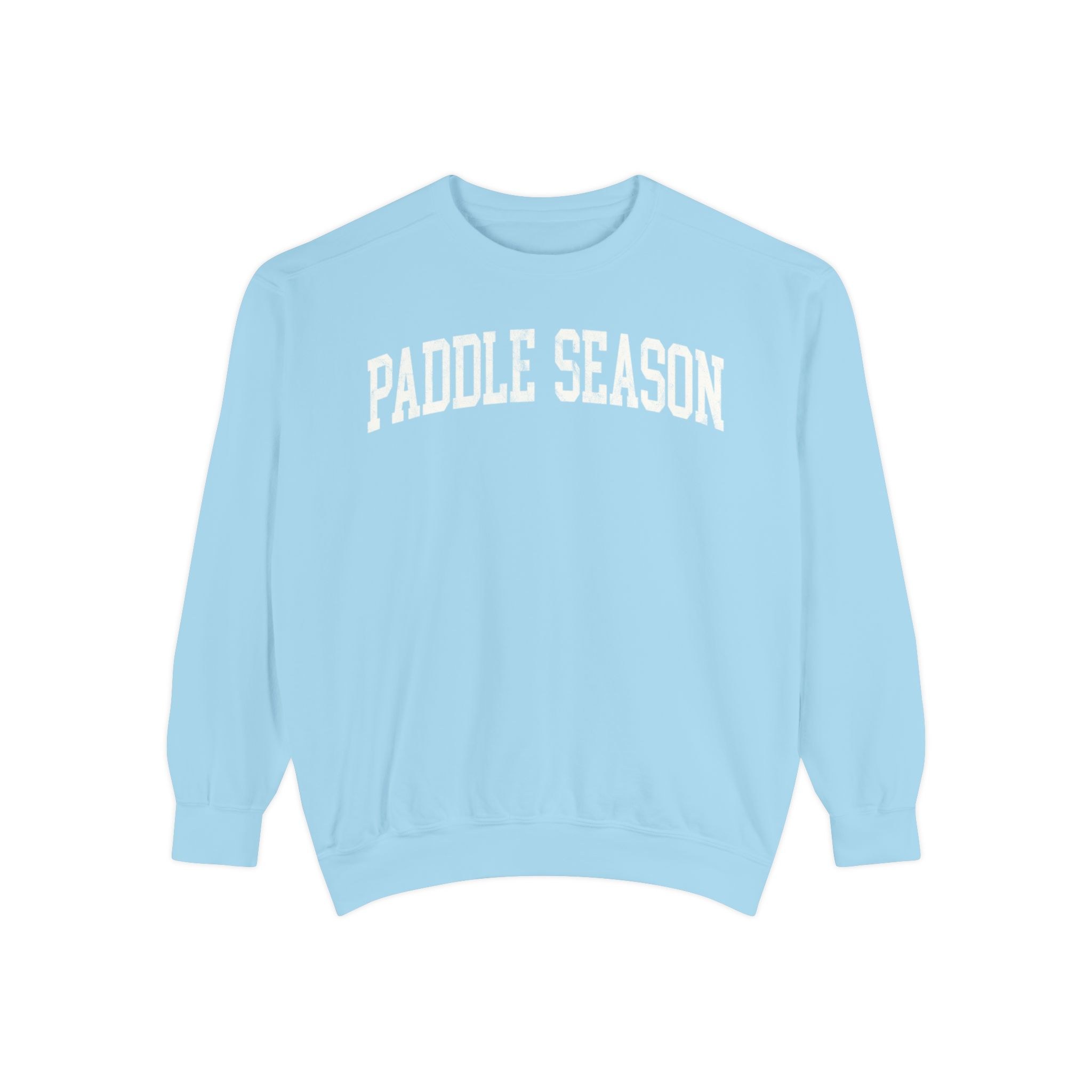Paddle Season Garment-Dyed Crewneck in Blueberry Milk, front — PADDLE SEASON lettering