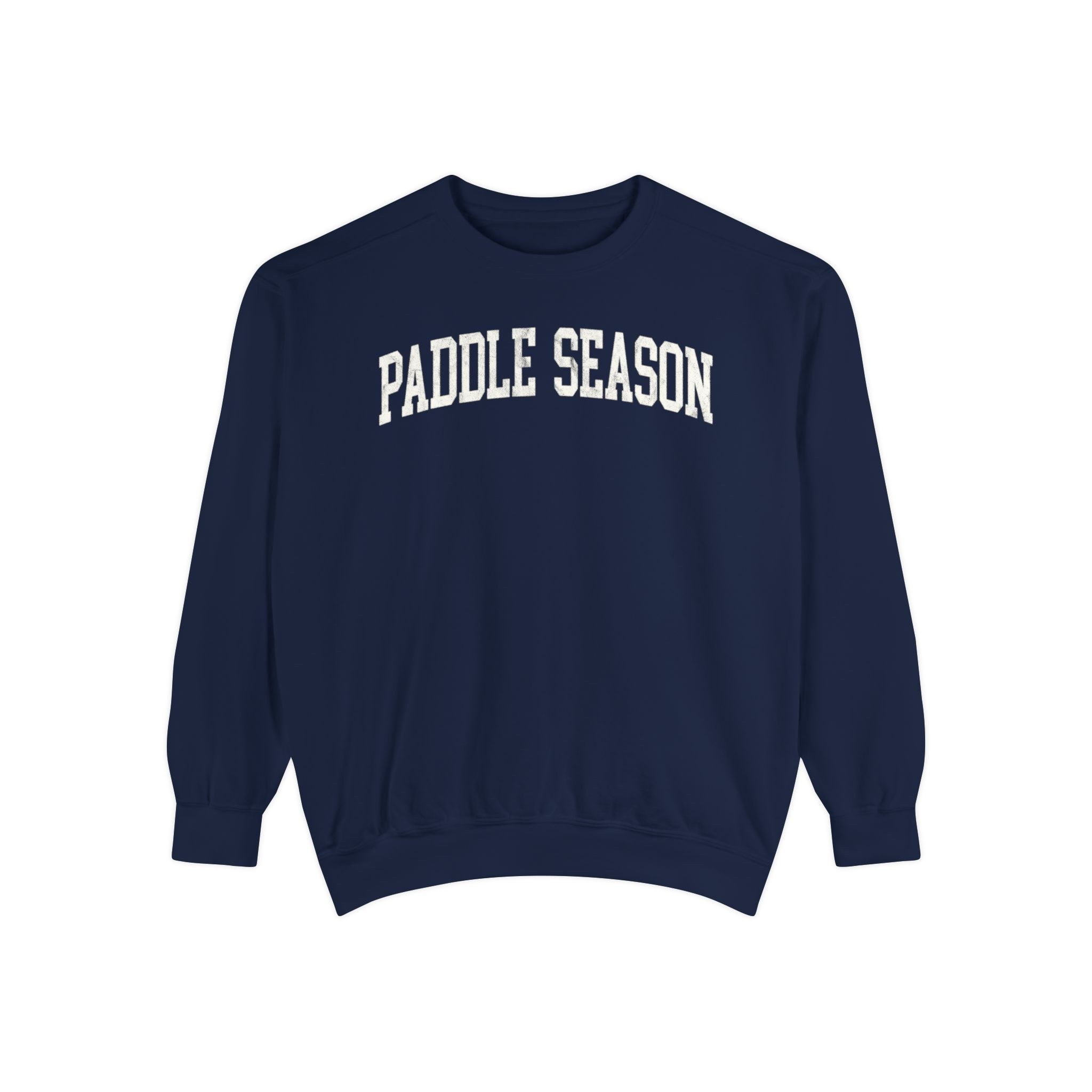 Paddle Season Garment-Dyed Crewneck in Boathouse Blue, front — PADDLE SEASON lettering