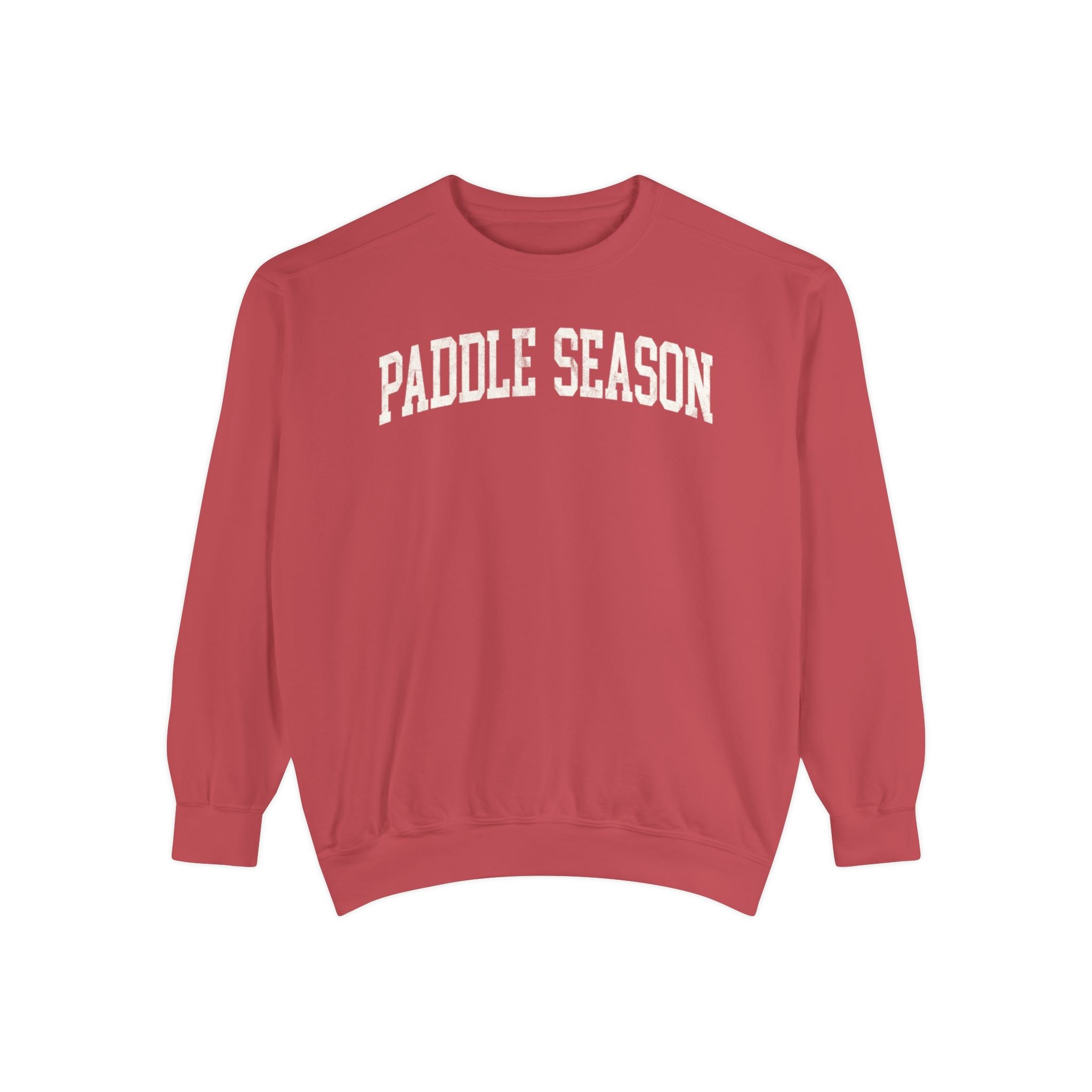 Paddle Season Garment-Dyed Crewneck in Collegiate Crimson, front — PADDLE SEASON lettering