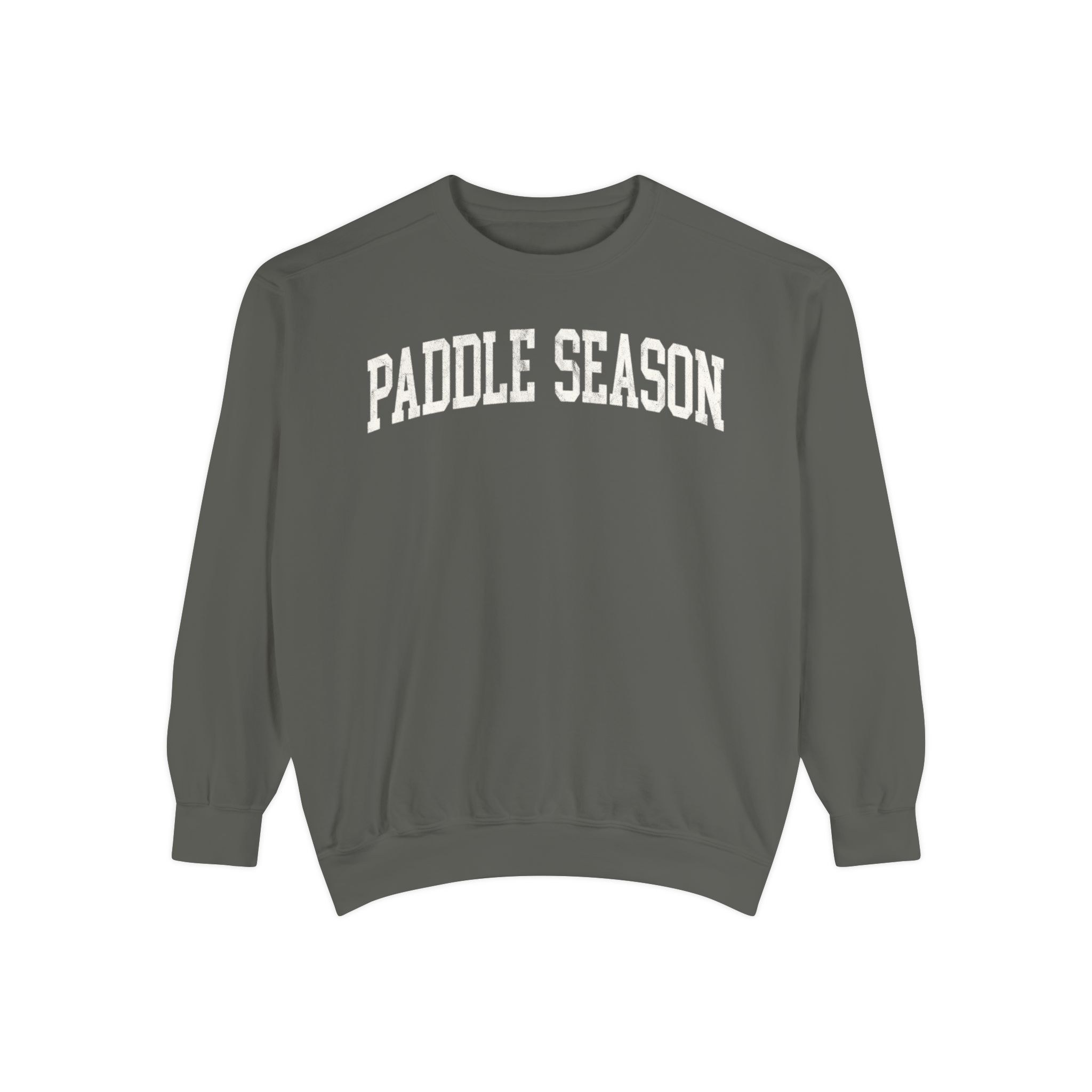 Paddle Season Garment-Dyed Crewneck in Concrete, front — PADDLE SEASON lettering