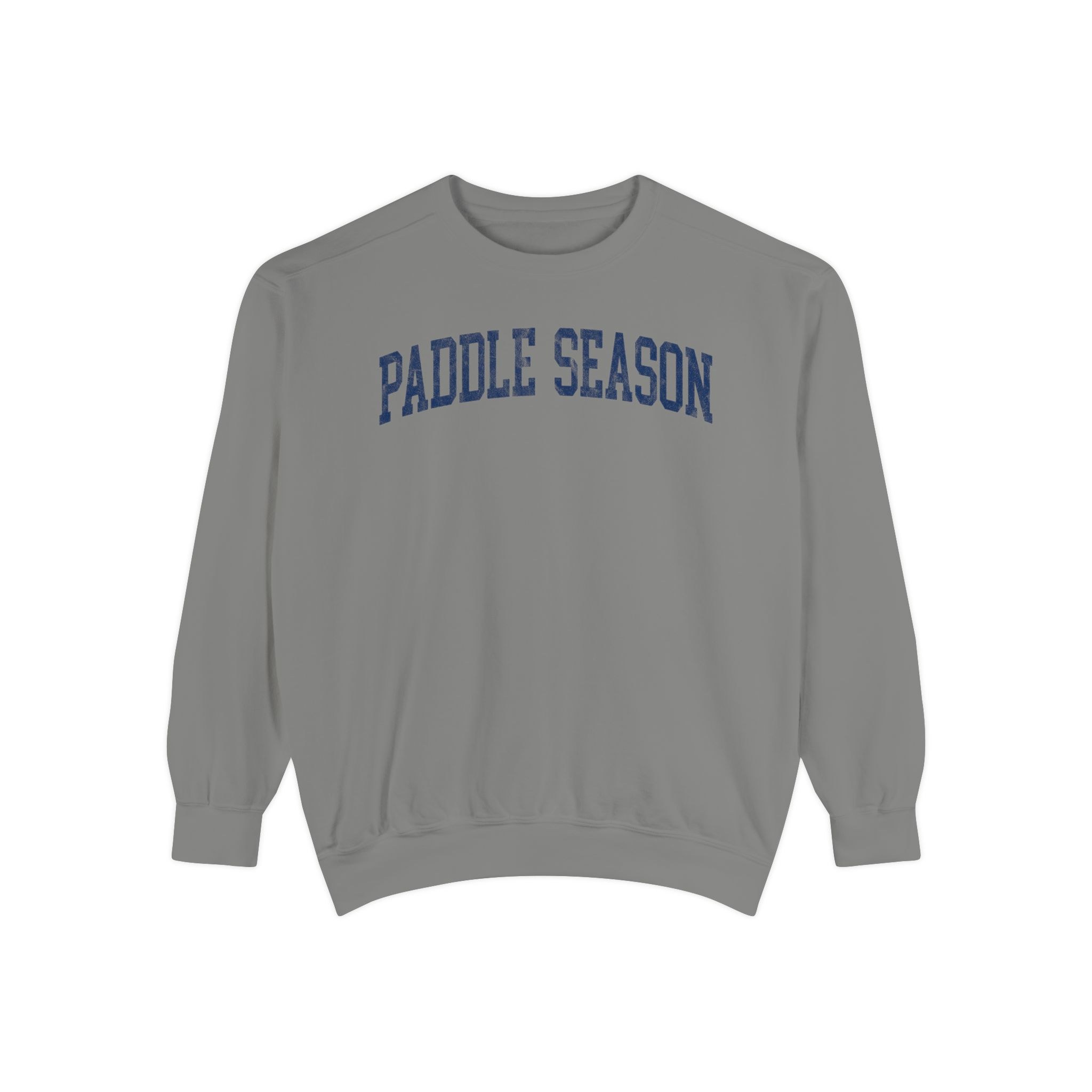 Paddle Season Garment-Dyed Crewneck in Dusting, front — PADDLE SEASON lettering