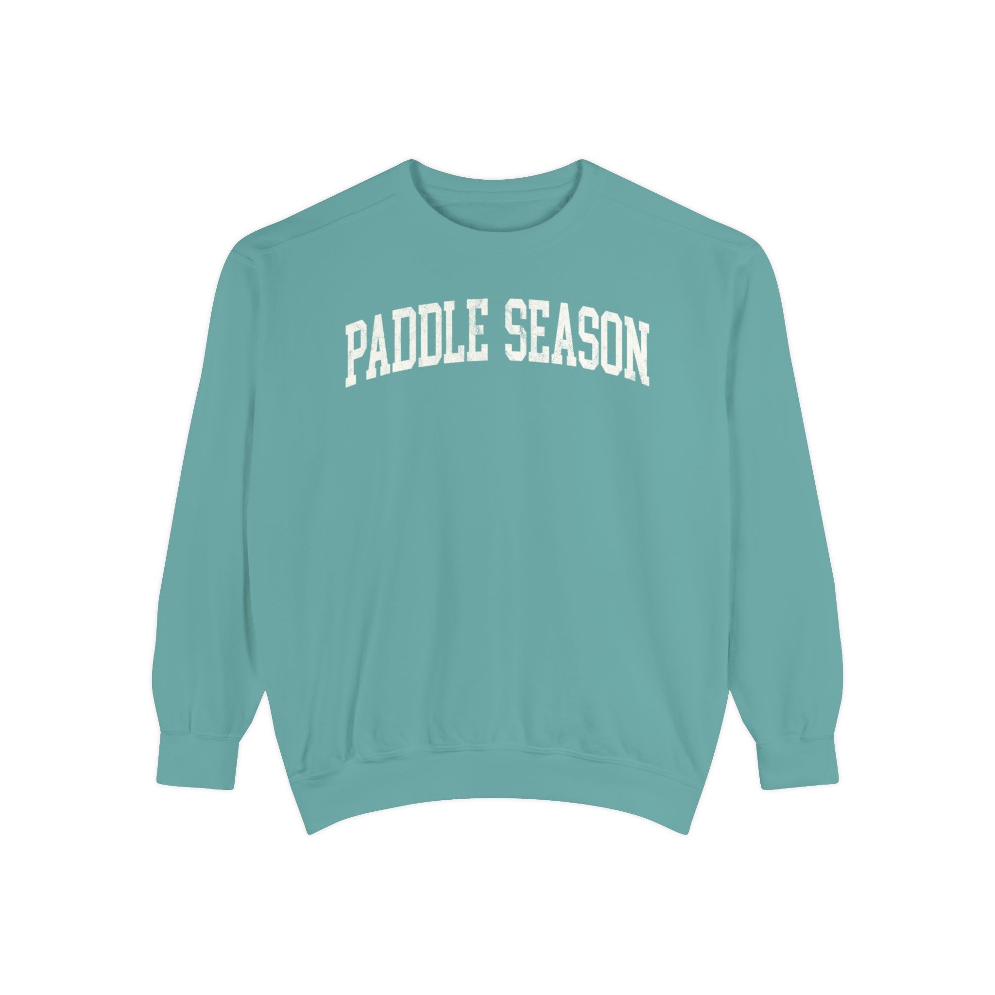 Paddle Season Garment-Dyed Crewneck in Erie Blue, front — PADDLE SEASON lettering