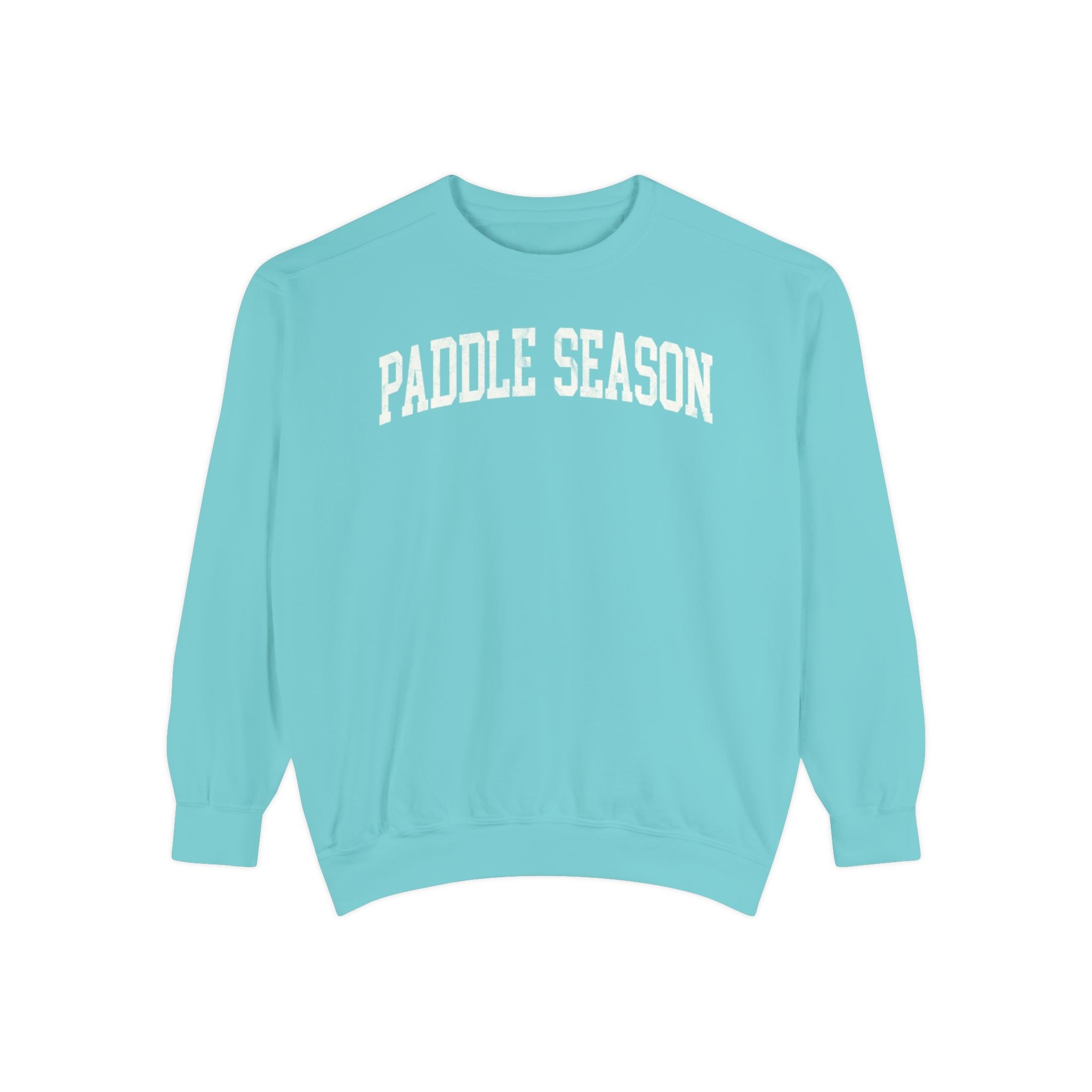 Paddle Season Garment-Dyed Crewneck in Light Ice, front — PADDLE SEASON lettering