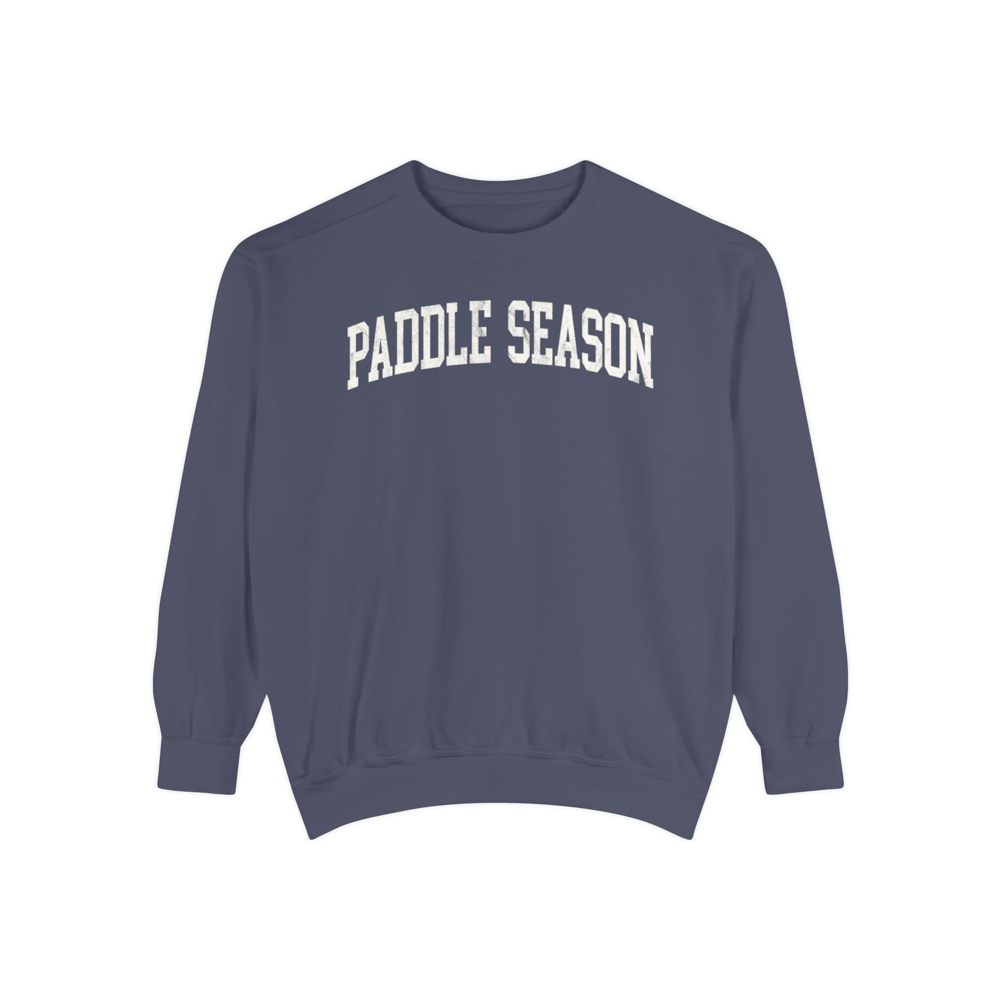 Paddle Season Garment-Dyed Crewneck in Predawn, front — PADDLE SEASON lettering