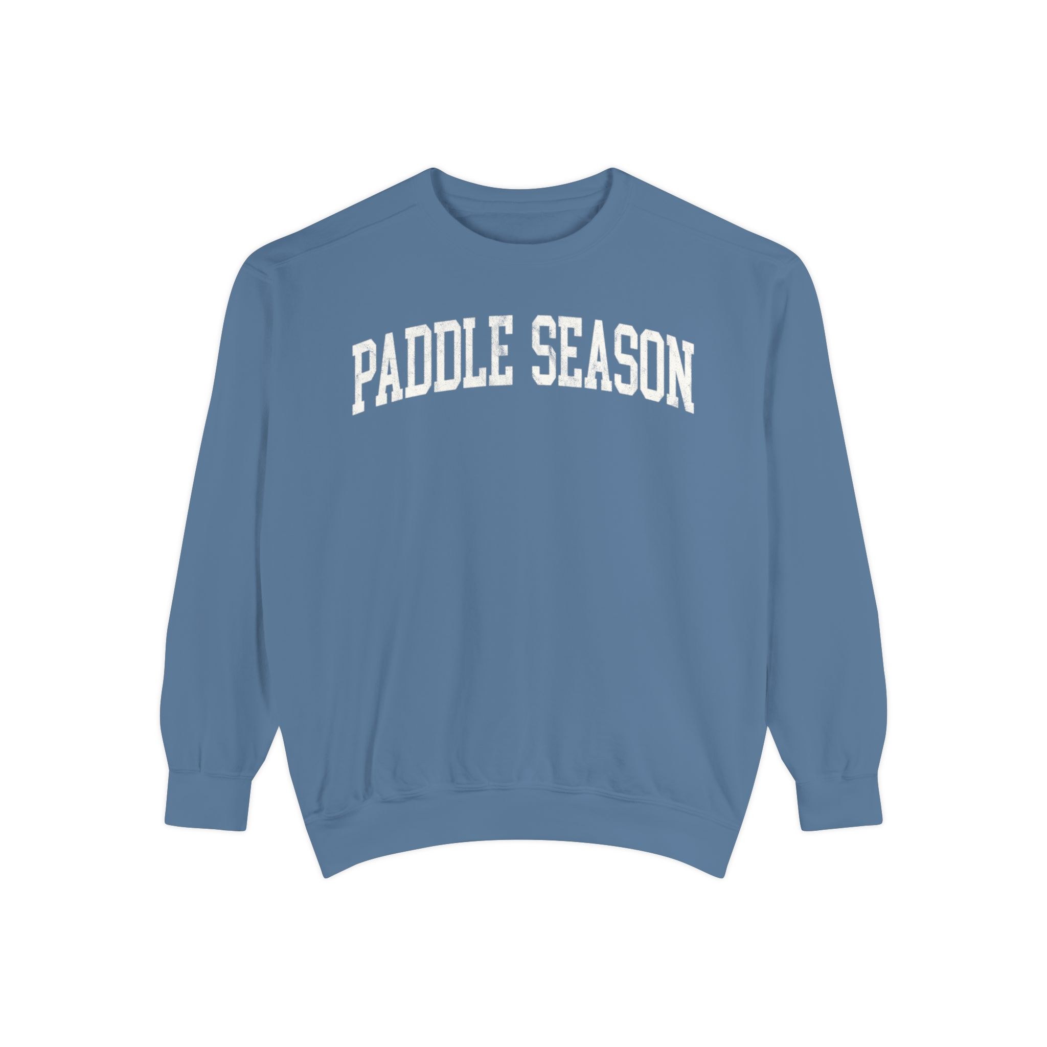 Paddle Season Garment-Dyed Crewneck in Samantha Blue, front — PADDLE SEASON lettering
