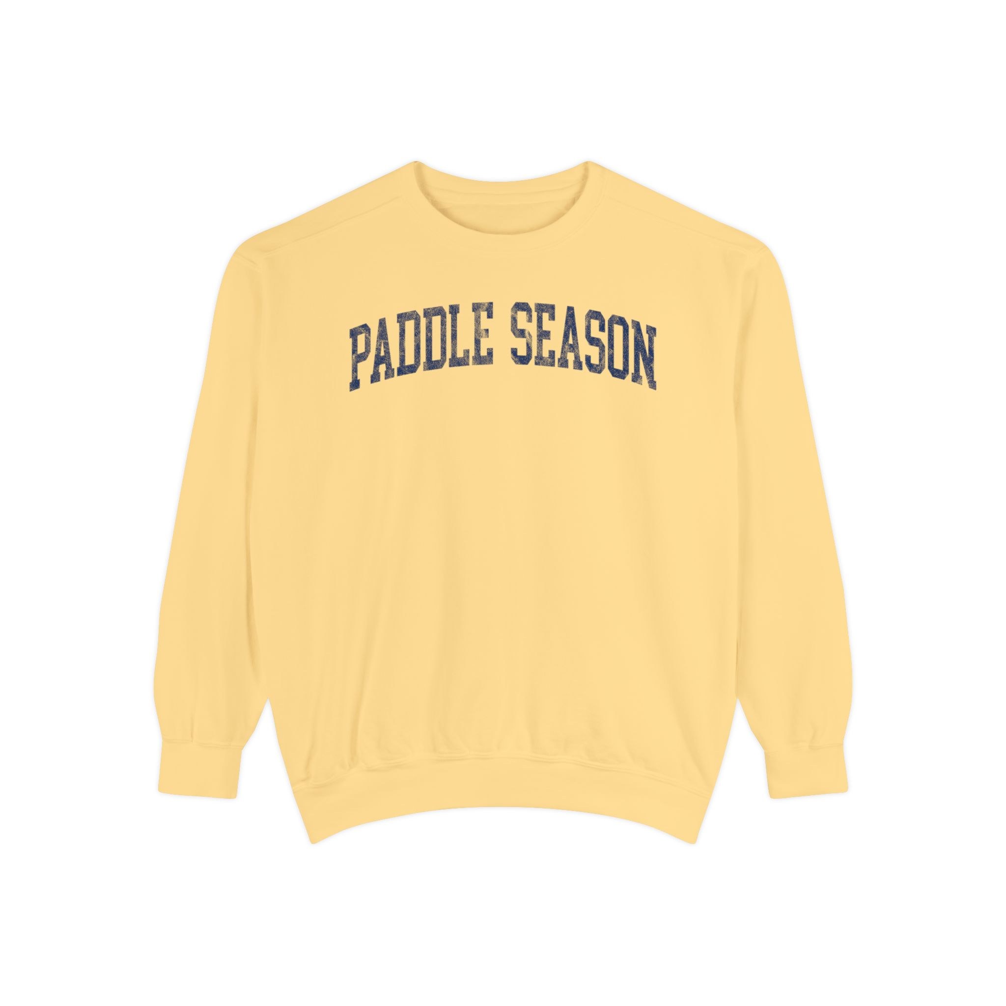 Paddle Season Garment-Dyed Crewneck in Unsalted, front — PADDLE SEASON lettering
