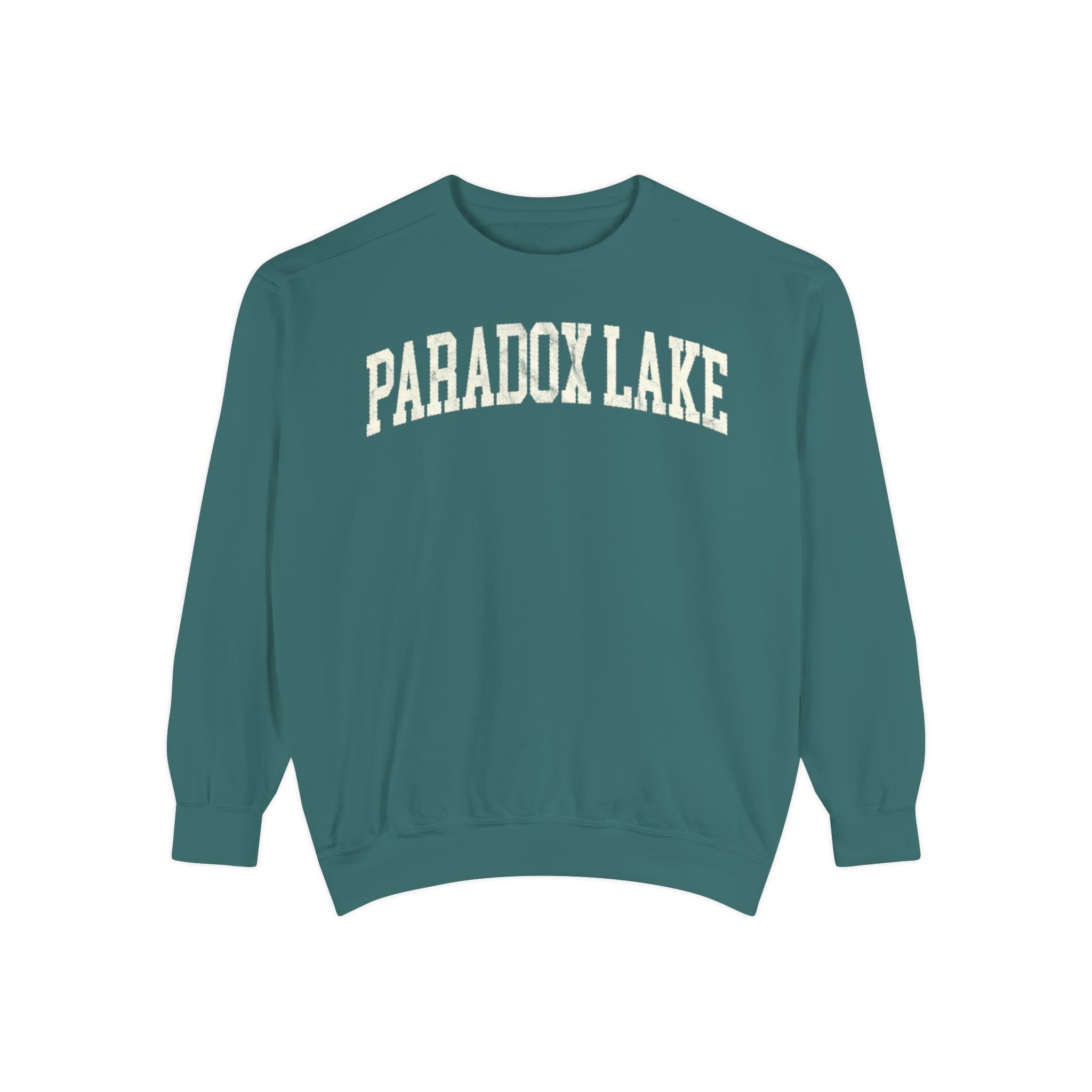 Paradox Lake Garment-Dyed Crewneck in Blue Spruce, front — PARADOX LAKE lettering