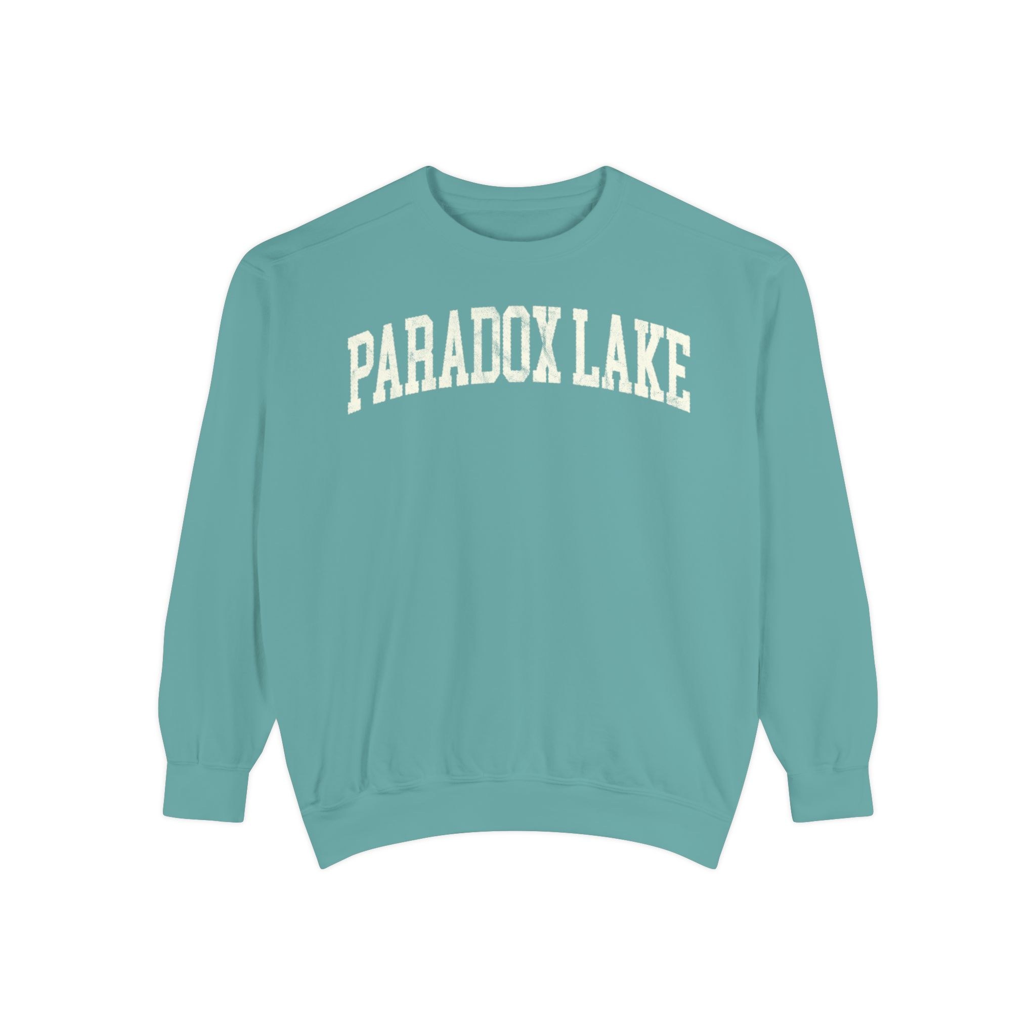 Paradox Lake Garment-Dyed Crewneck in Erie Blue, front — PARADOX LAKE lettering