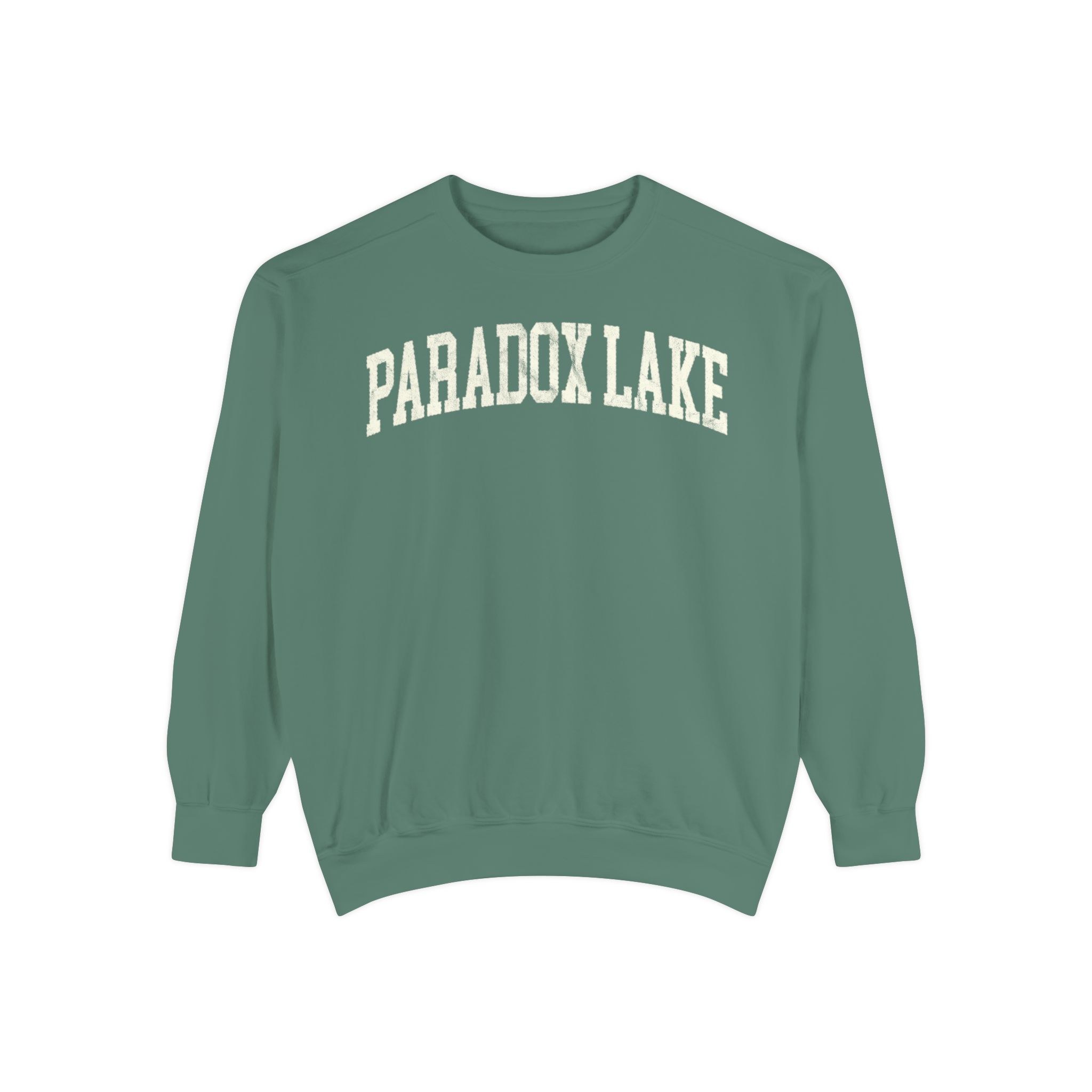 Paradox Lake Garment-Dyed Crewneck in Light Green, front — PARADOX LAKE lettering