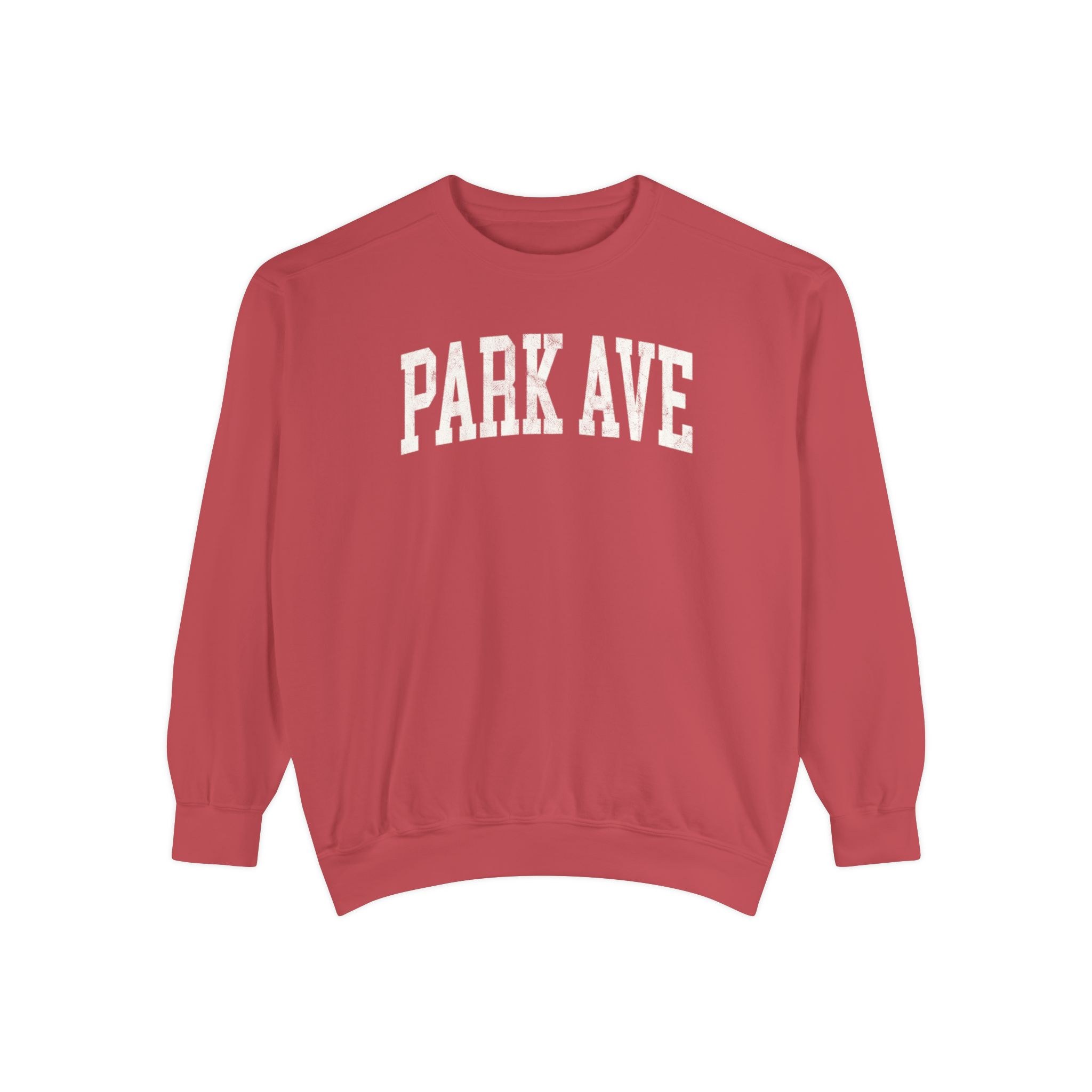 Park Ave Garment-Dyed Crewneck in Collegiate Crimson, front — PARK AVE lettering