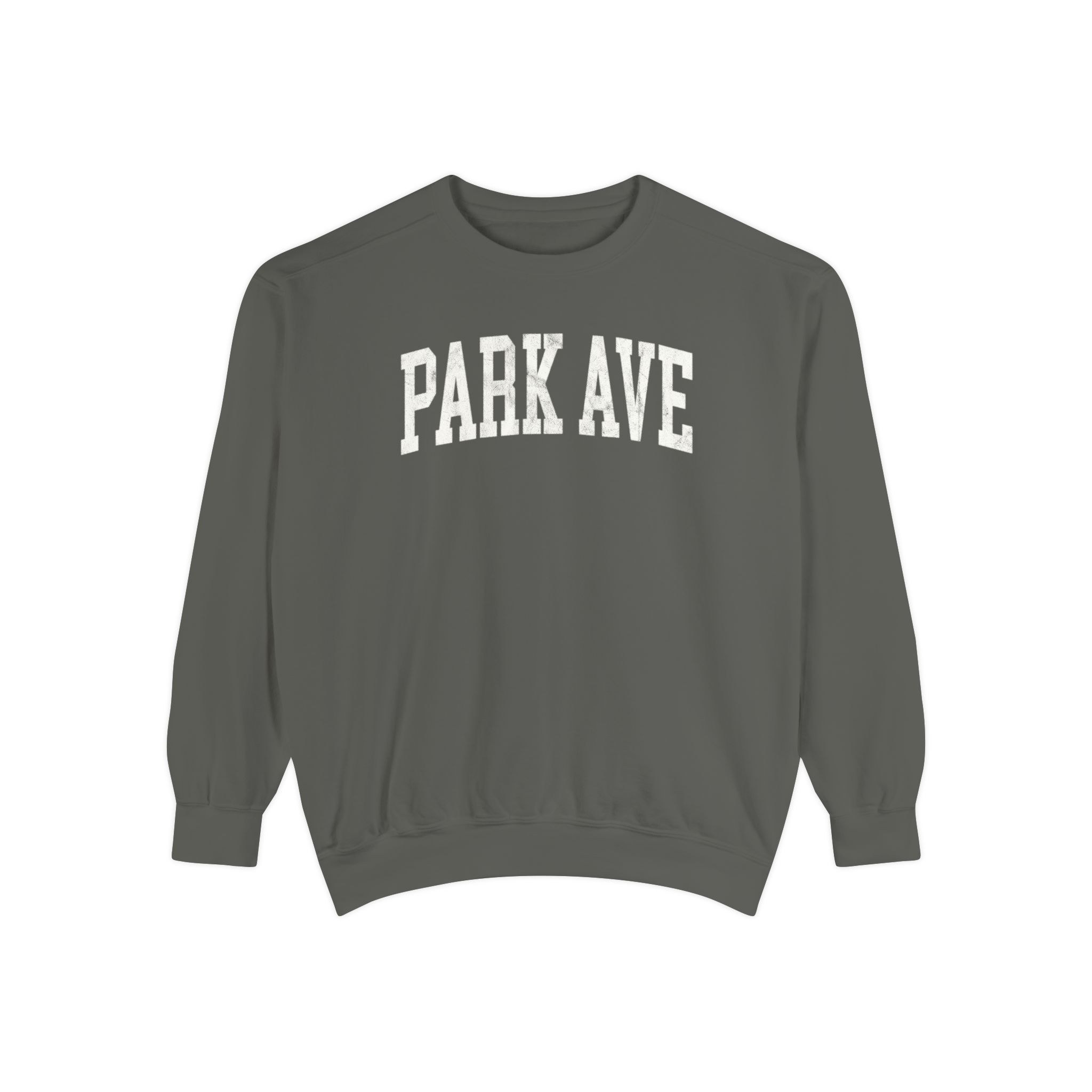 Park Ave Garment-Dyed Crewneck in Concrete, front — PARK AVE lettering