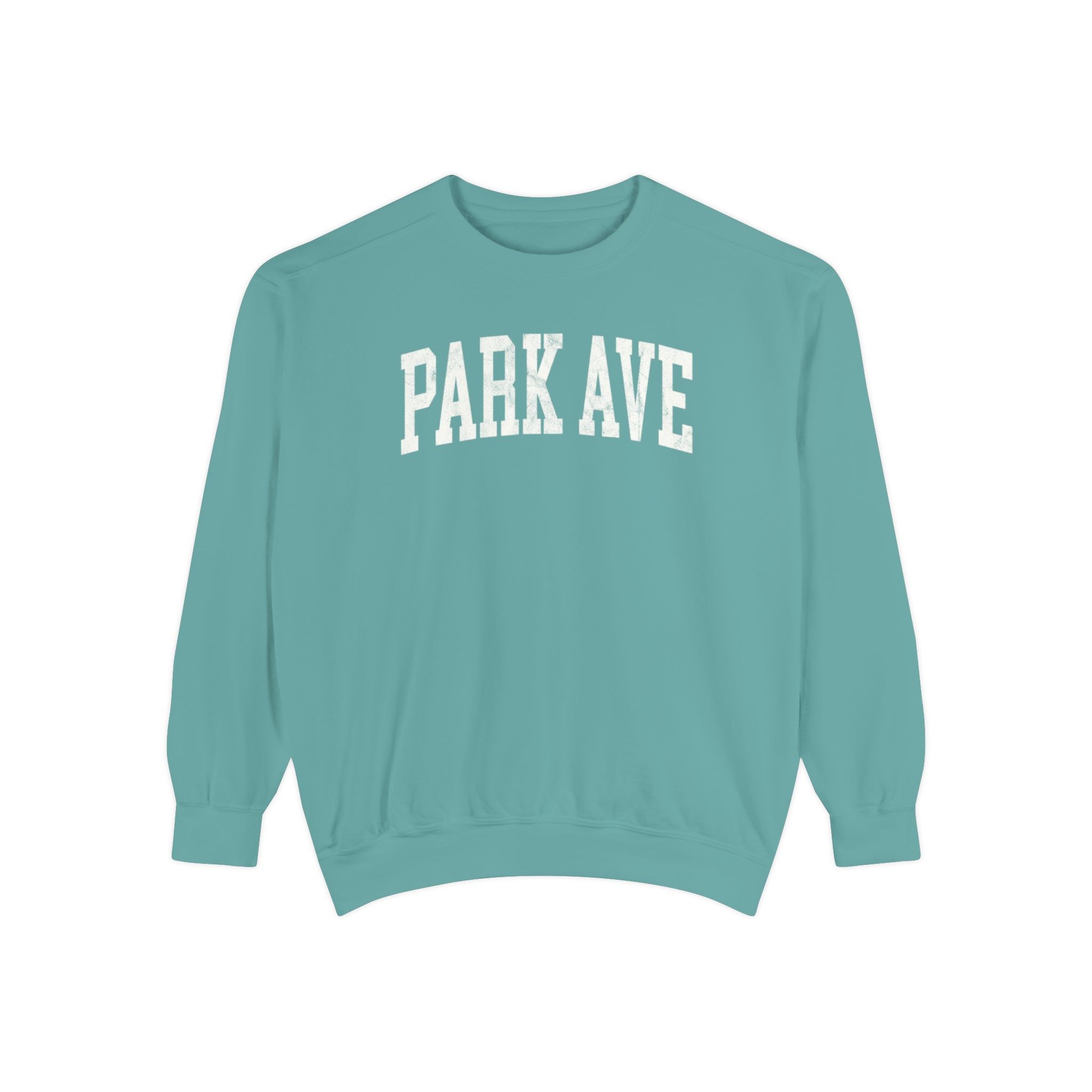 Park Ave Garment-Dyed Crewneck in Erie Blue, front — PARK AVE lettering