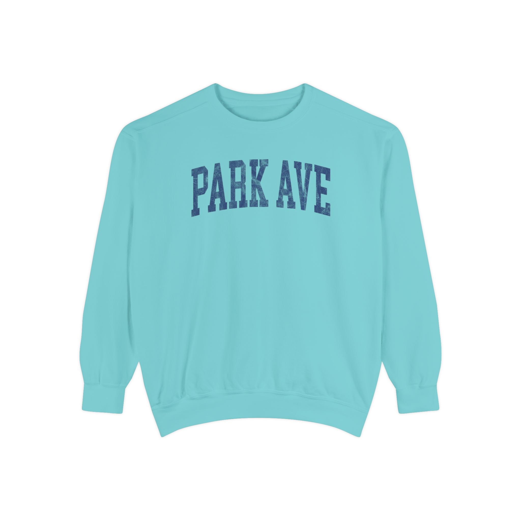 Park Ave Garment-Dyed Crewneck in Light Ice, front — PARK AVE lettering