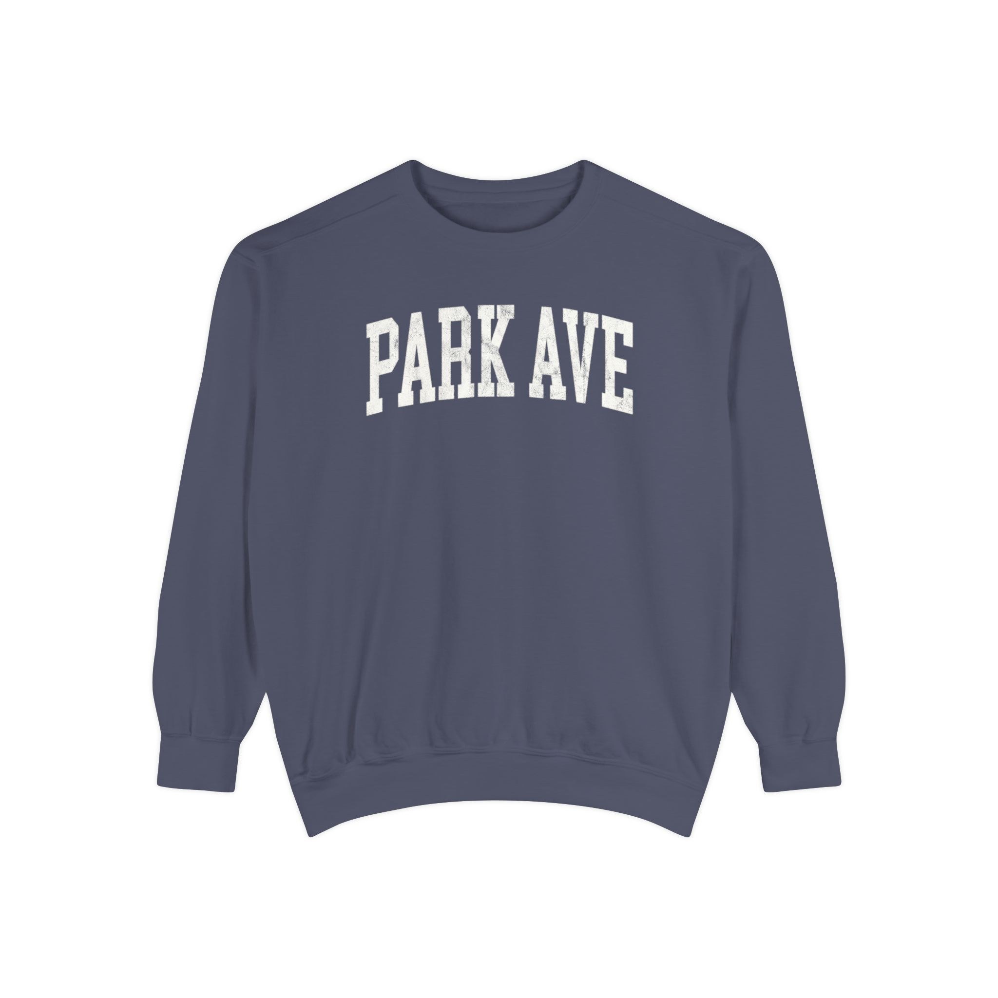 Park Ave Garment-Dyed Crewneck in Predawn, front — PARK AVE lettering