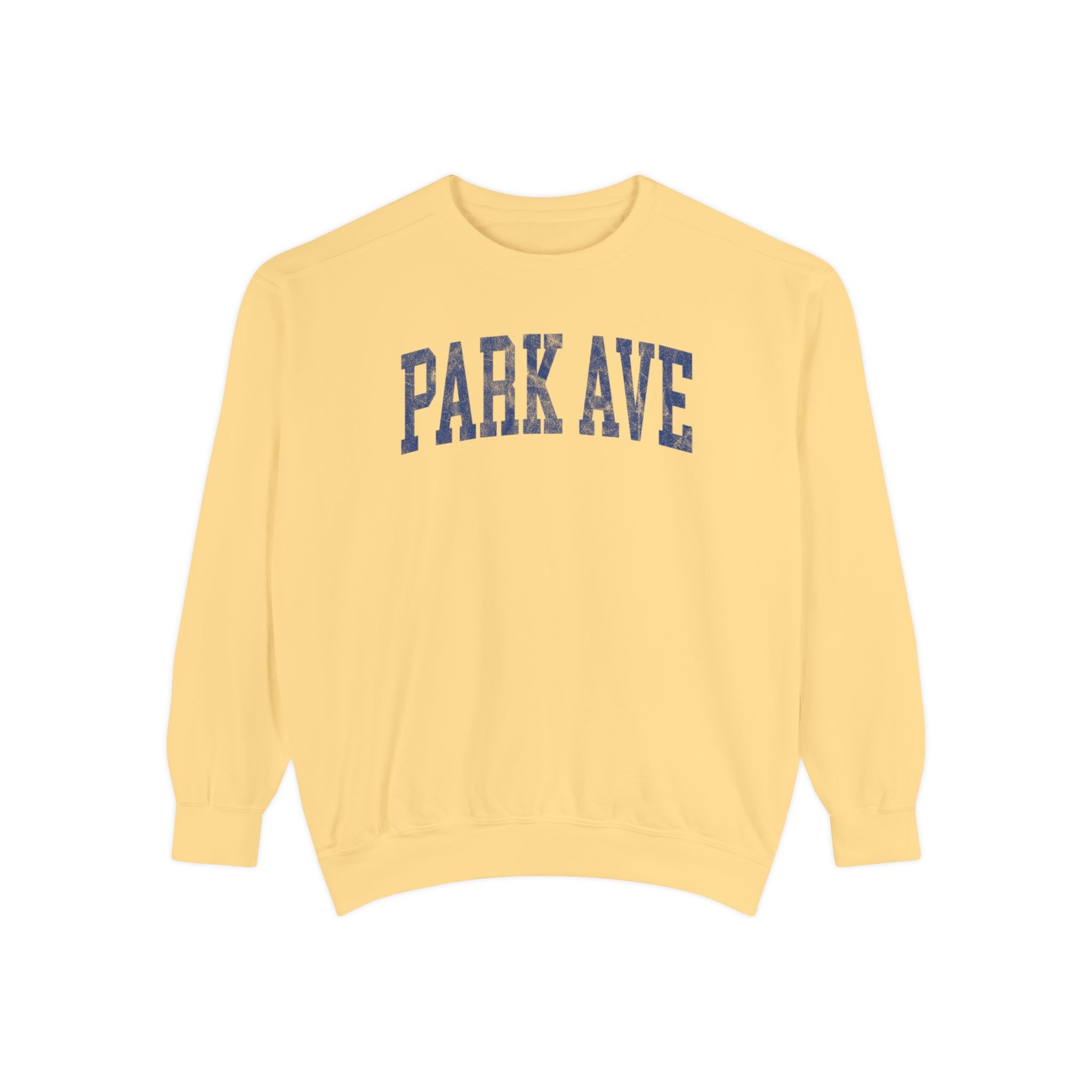 Park Ave Garment-Dyed Crewneck in Unsalted, front — PARK AVE lettering