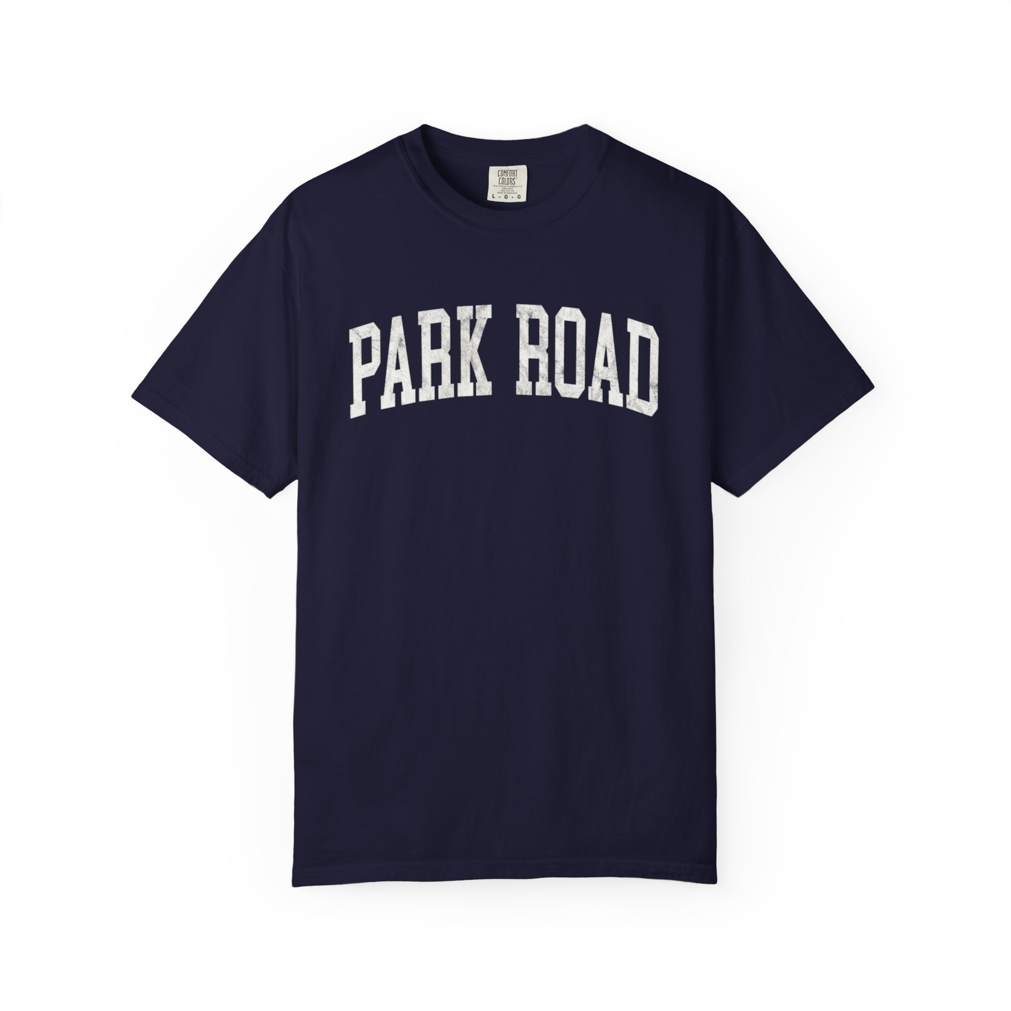 Park Road Garment-Dyed Tee in Boathouse Blue, front — PARK ROAD lettering