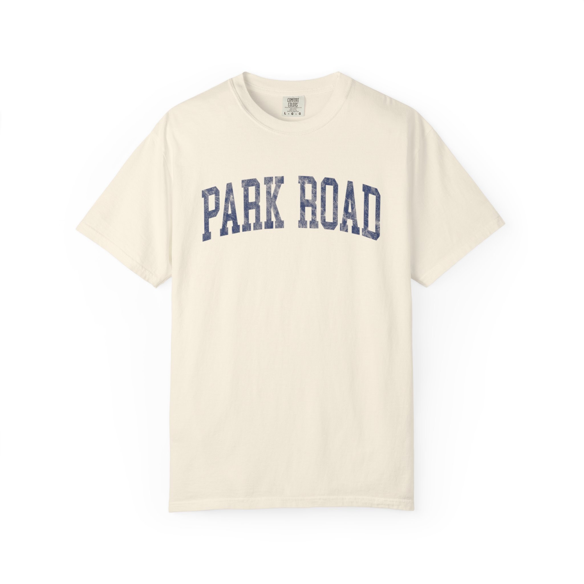 Park Road Garment-Dyed Tee in Crème Fraîche, front — PARK ROAD lettering