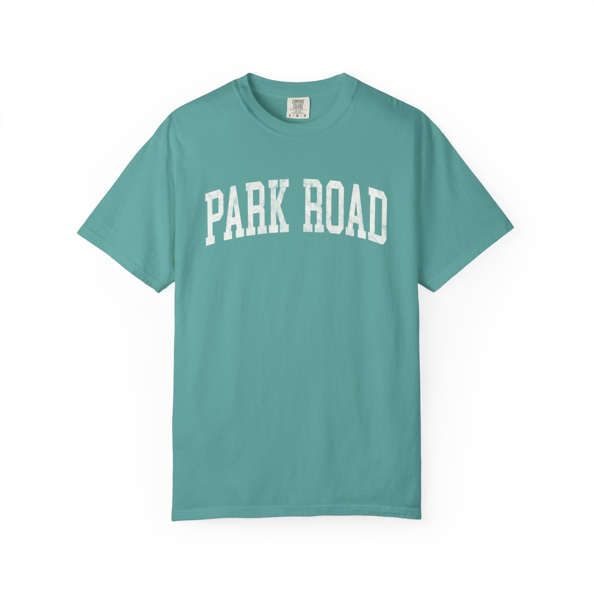 Park Road Garment-Dyed Tee in Erie Blue, front — PARK ROAD lettering