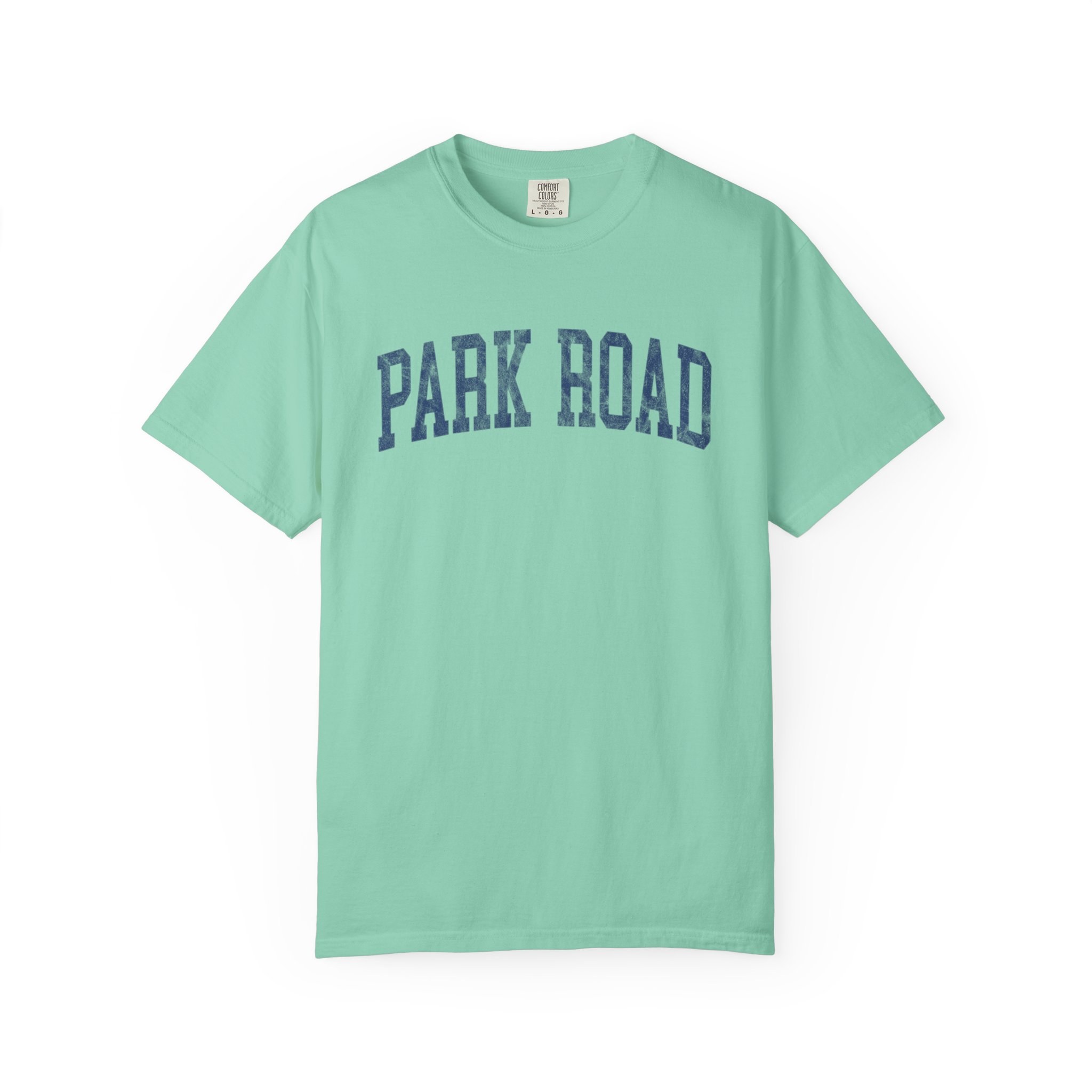 Park Road Garment-Dyed Tee in Teal Good Inc, front — PARK ROAD lettering