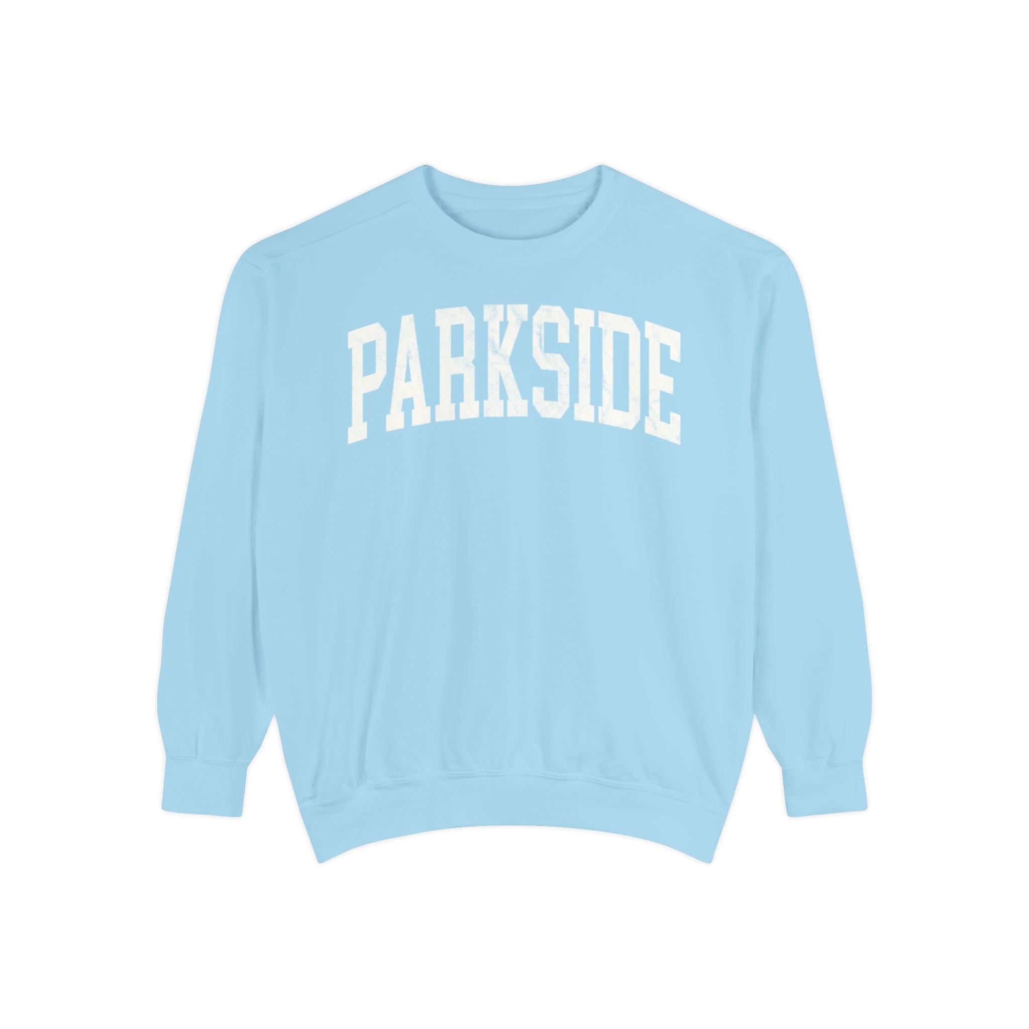 Parkside Garment-Dyed Crewneck in Blueberry Milk, front — PARKSIDE lettering