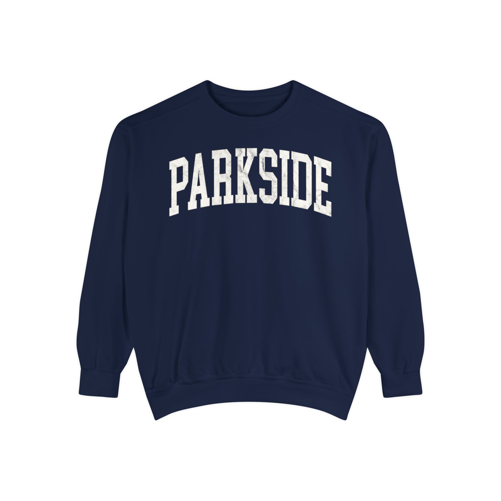 Parkside Garment-Dyed Crewneck in Boathouse Blue, front — PARKSIDE lettering