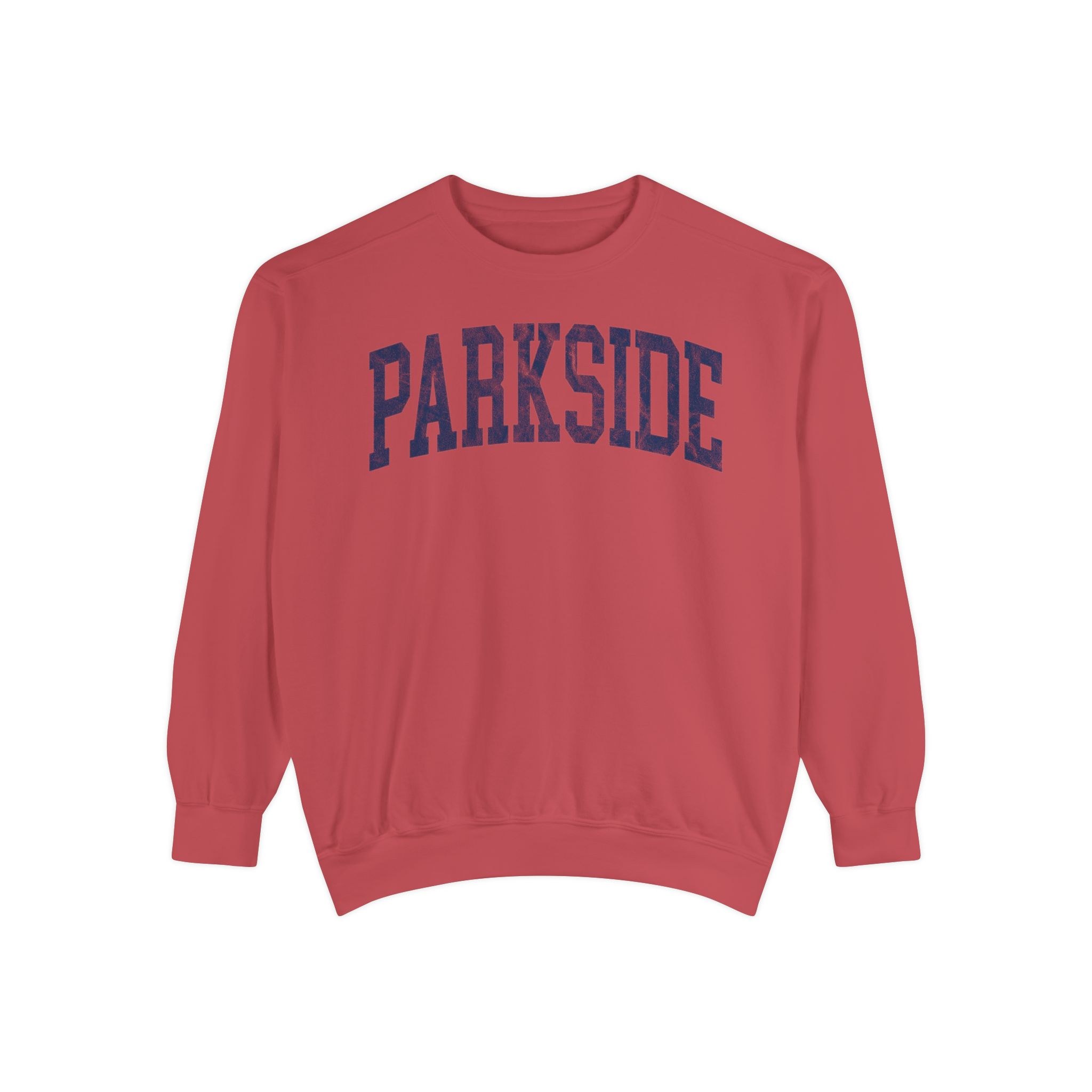 Parkside Garment-Dyed Crewneck in Collegiate Crimson, front — PARKSIDE lettering