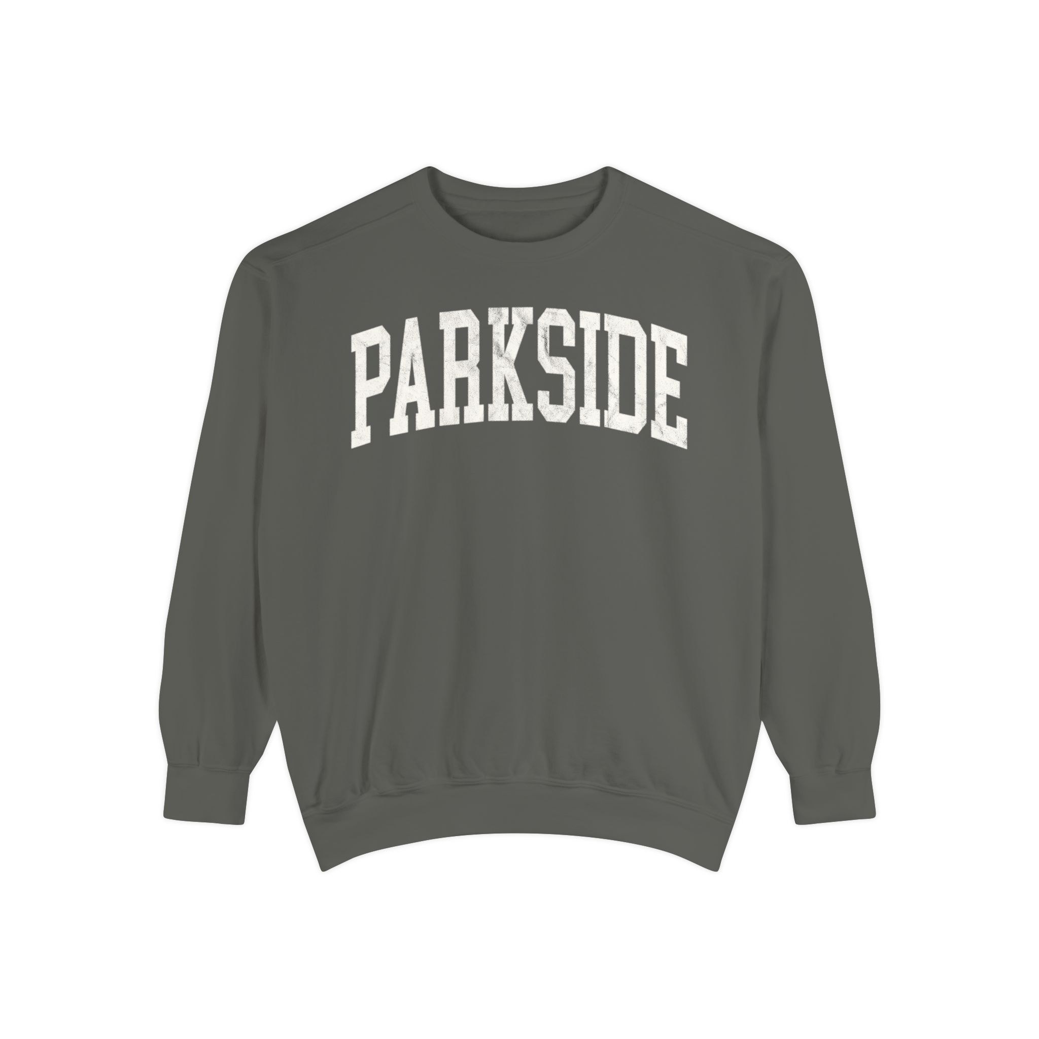 Parkside Garment-Dyed Crewneck in Concrete, front — PARKSIDE lettering