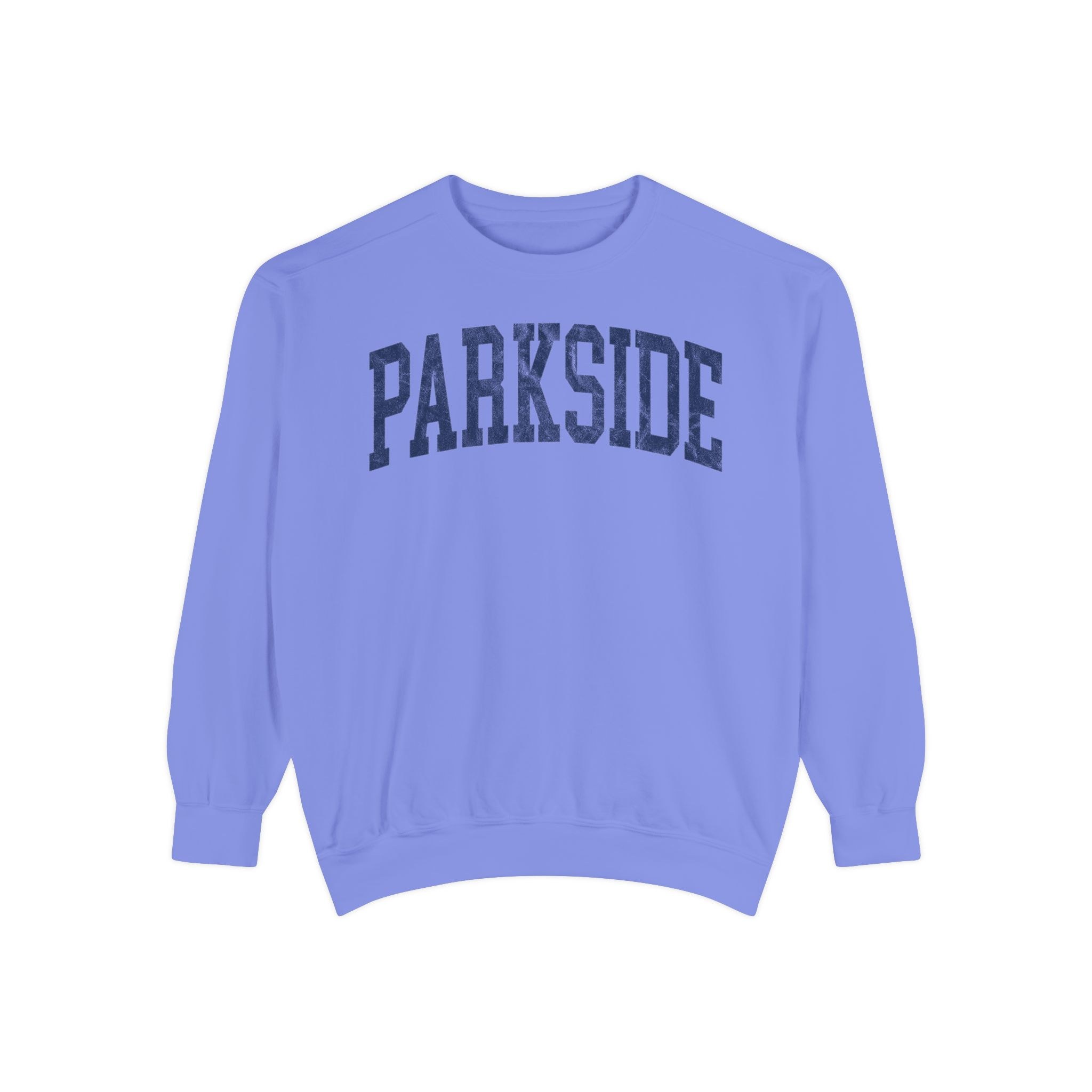 Parkside Garment-Dyed Crewneck in Conesus Blue, front — PARKSIDE lettering