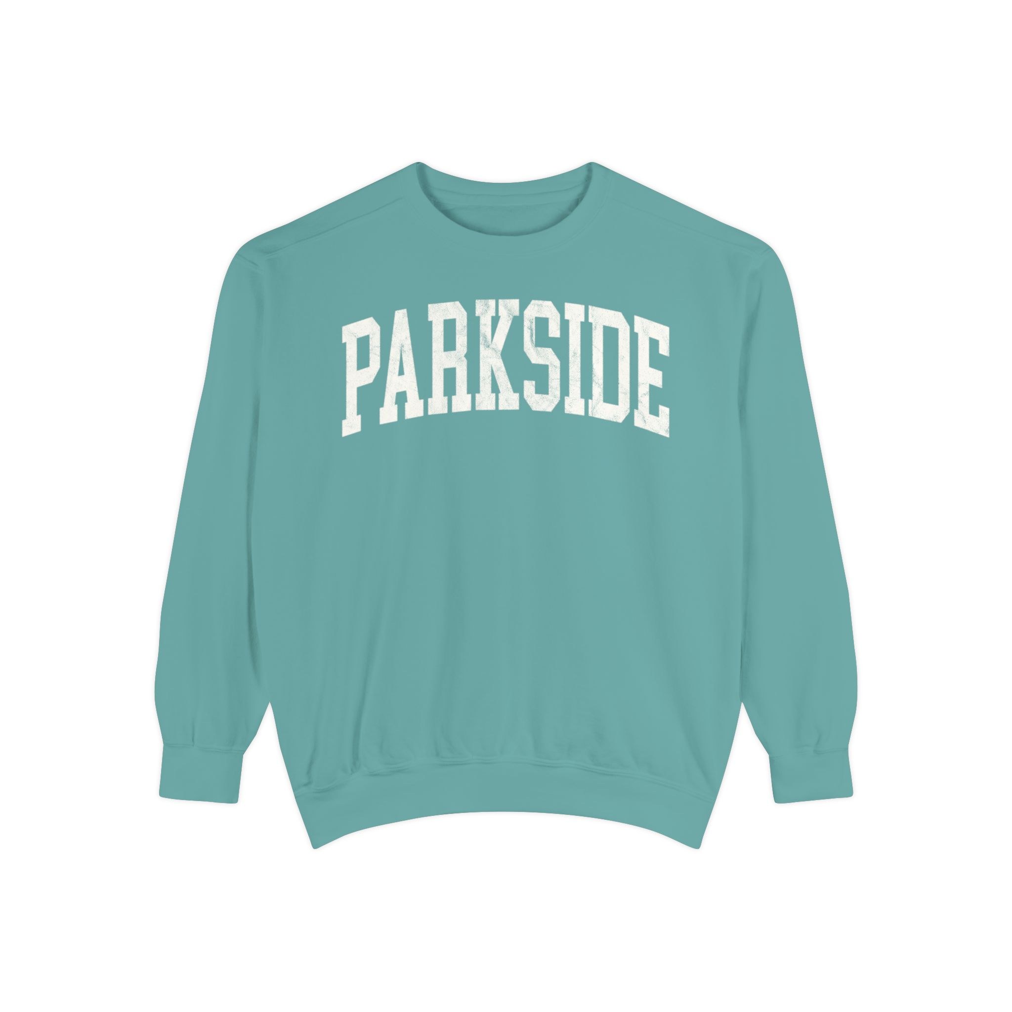 Parkside Garment-Dyed Crewneck in Erie Blue, front — PARKSIDE lettering