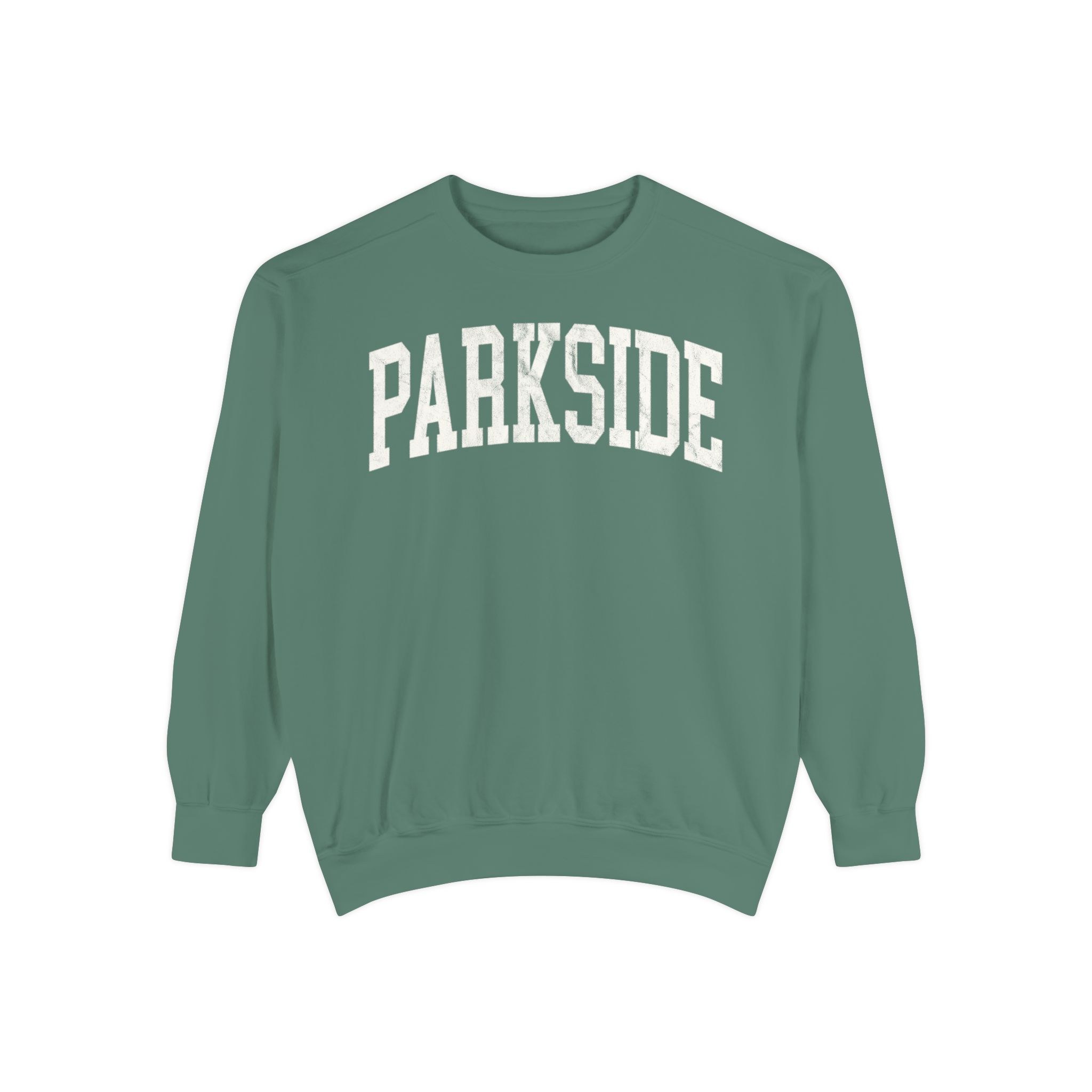 Parkside Garment-Dyed Crewneck in Light Green, front — PARKSIDE lettering