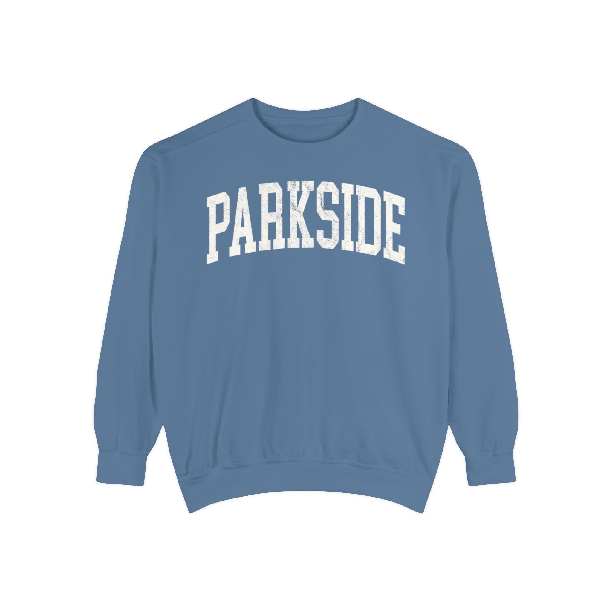 Parkside Garment-Dyed Crewneck in Samantha Blue, front — PARKSIDE lettering