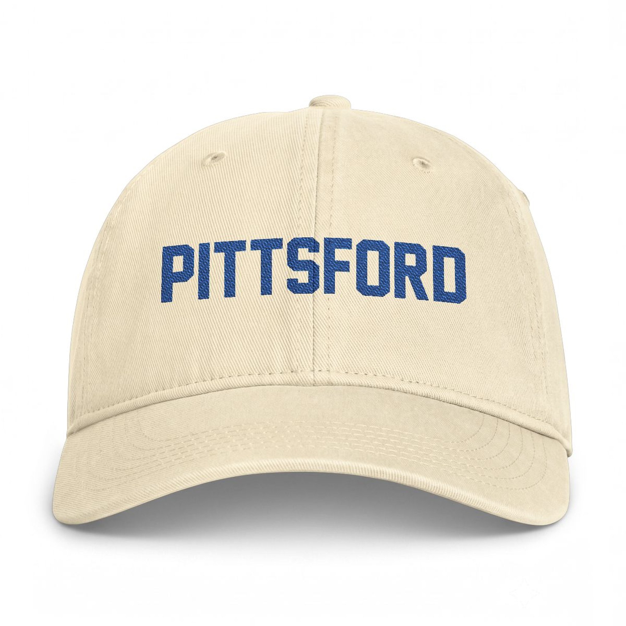 Pittsford Embroidered Cap in Ivory, front — PITTSFORD lettering